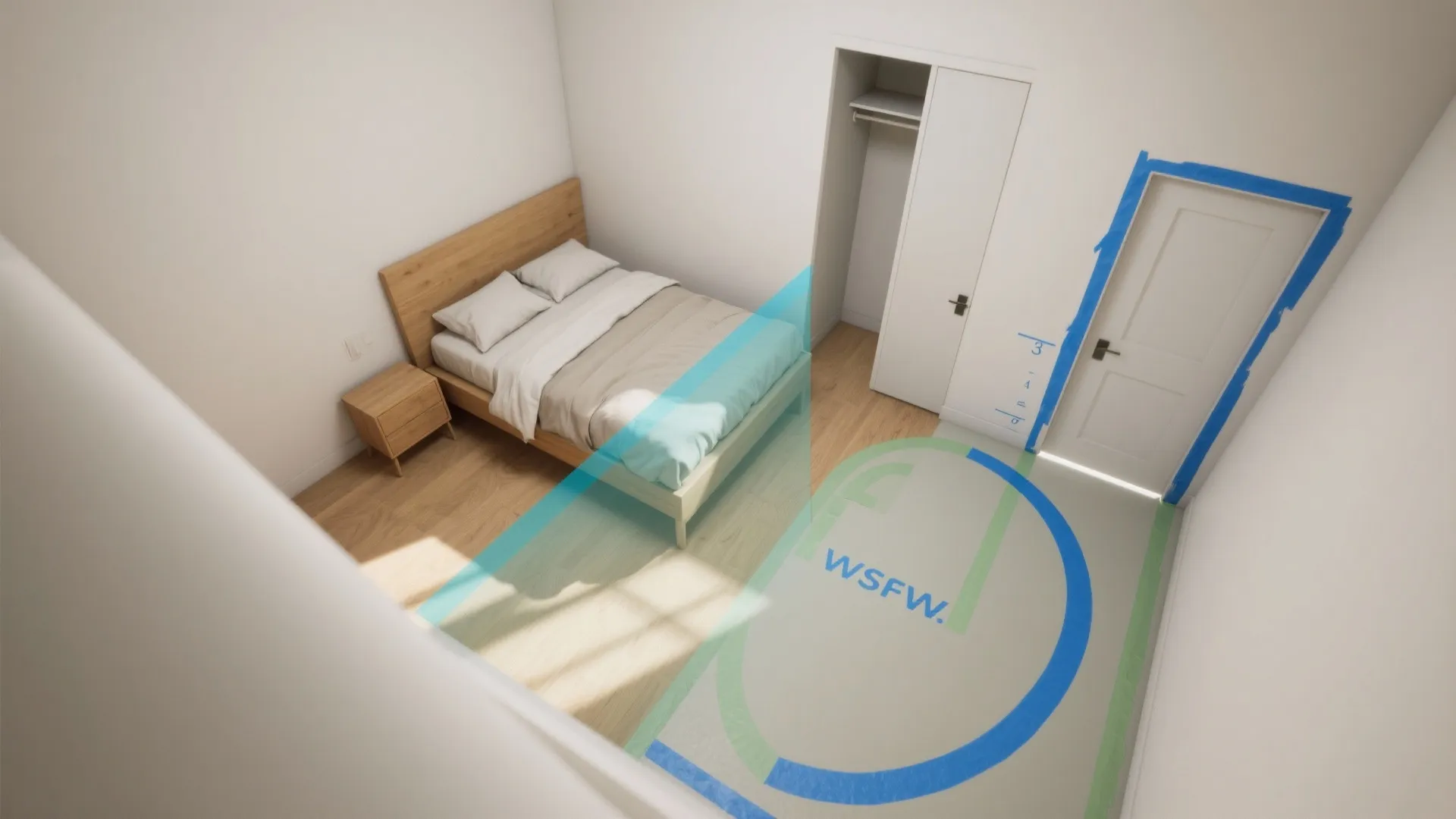 Modern bedroom interior design drawing with wooden bed side table white walls and blue floor markings