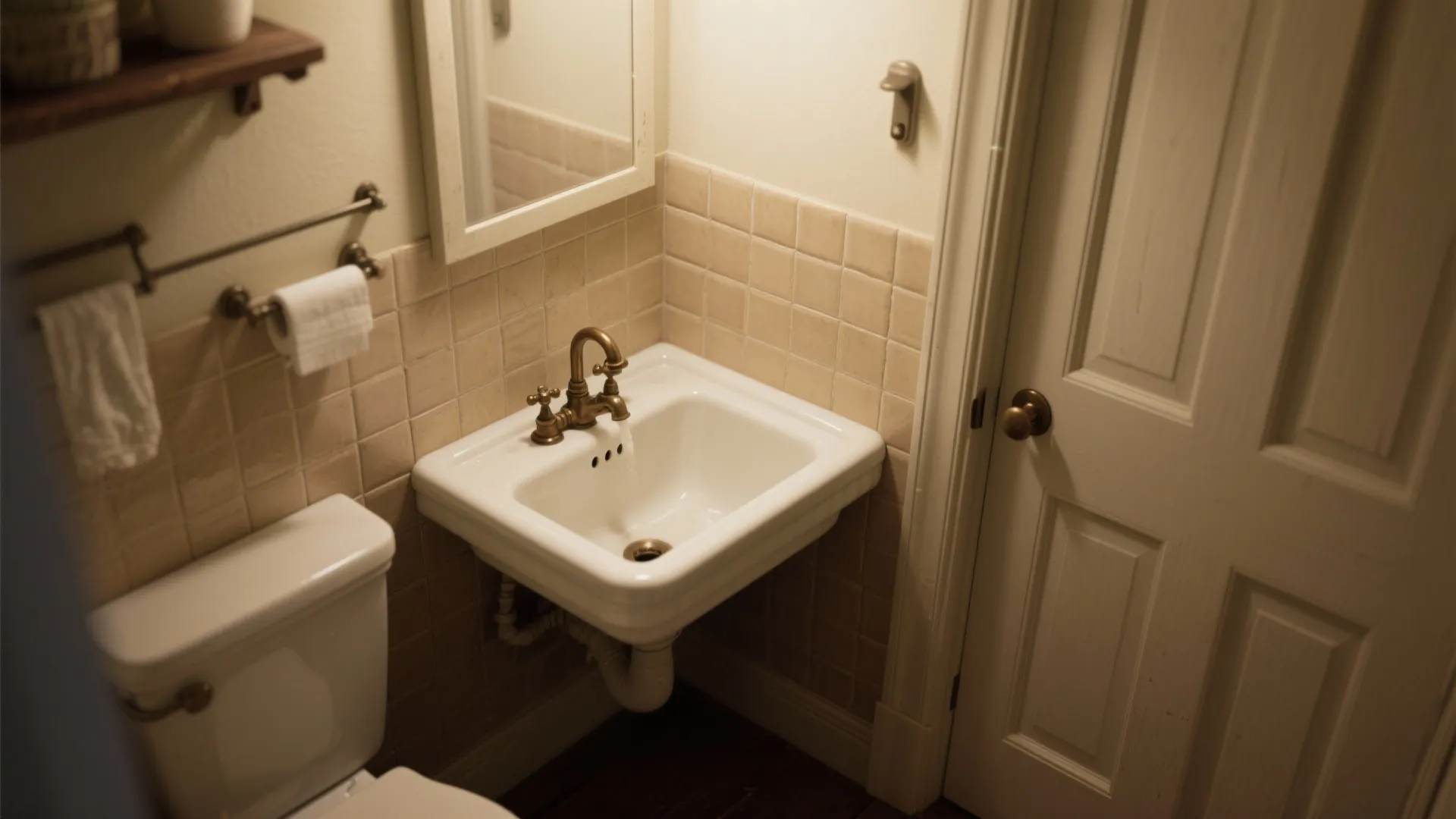 Small white wall sink in a tiny bathroom with beige tiles next to a door