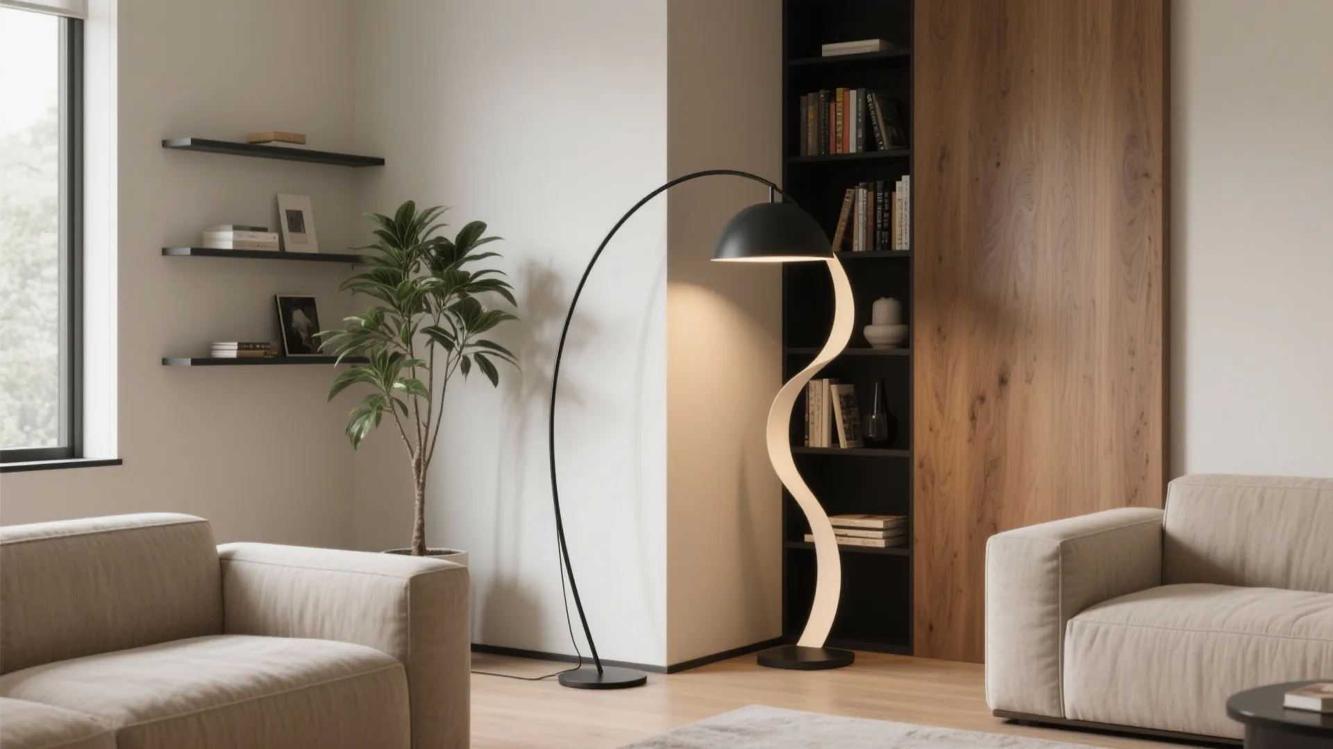 [
  {
    "url": "https://coohom-biz-sg-s3.coohom.com/ins/static/article/corner-feature-1759152975665543200.jpg",
    "alt": "Modern living room with beige sofas, black curved floor lamp, green plant, and wall shelves"
  }
]