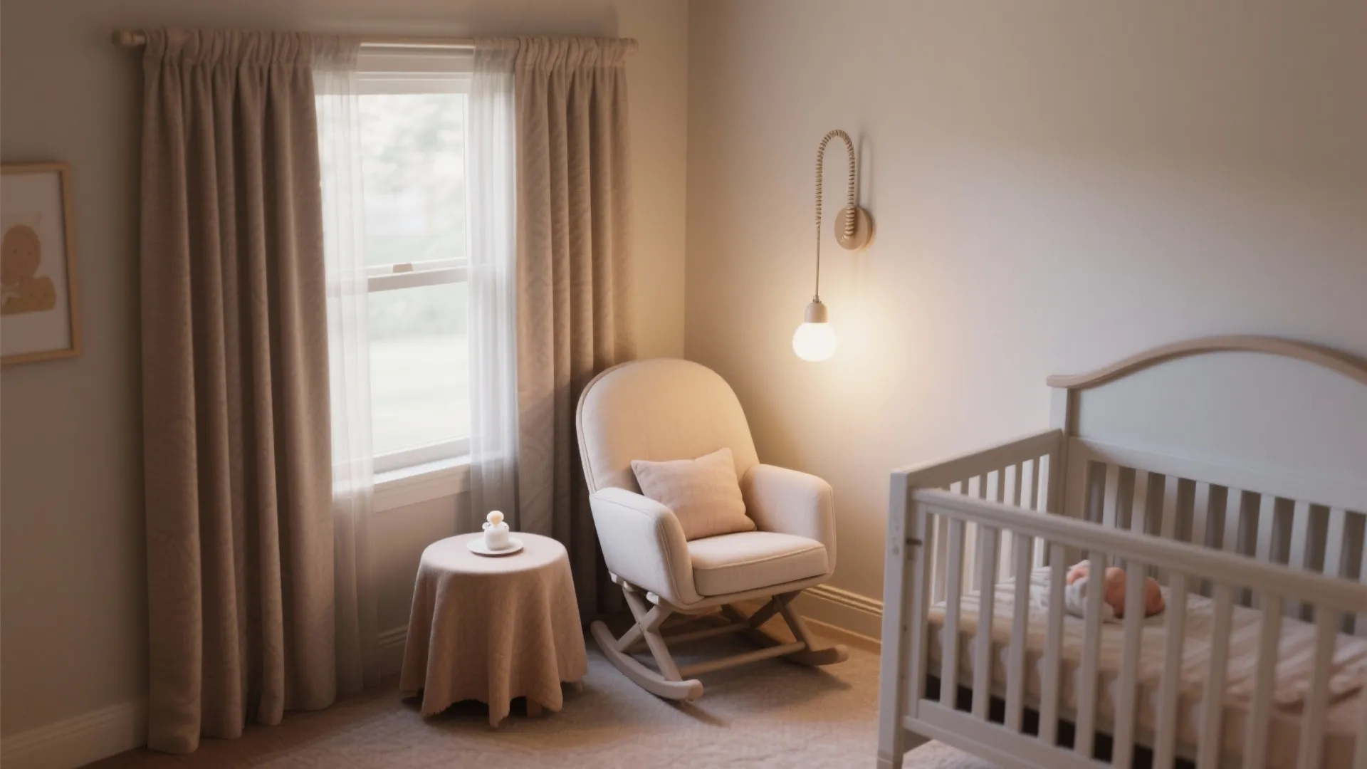 Chair-in-corner feeding nook with blackout layer