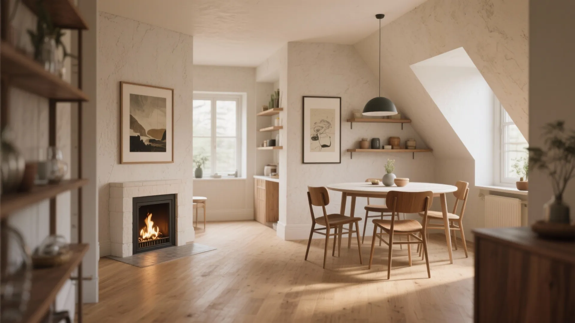 Bright dining area featuring round wooden table, four chairs, corner fireplace, and large roof window