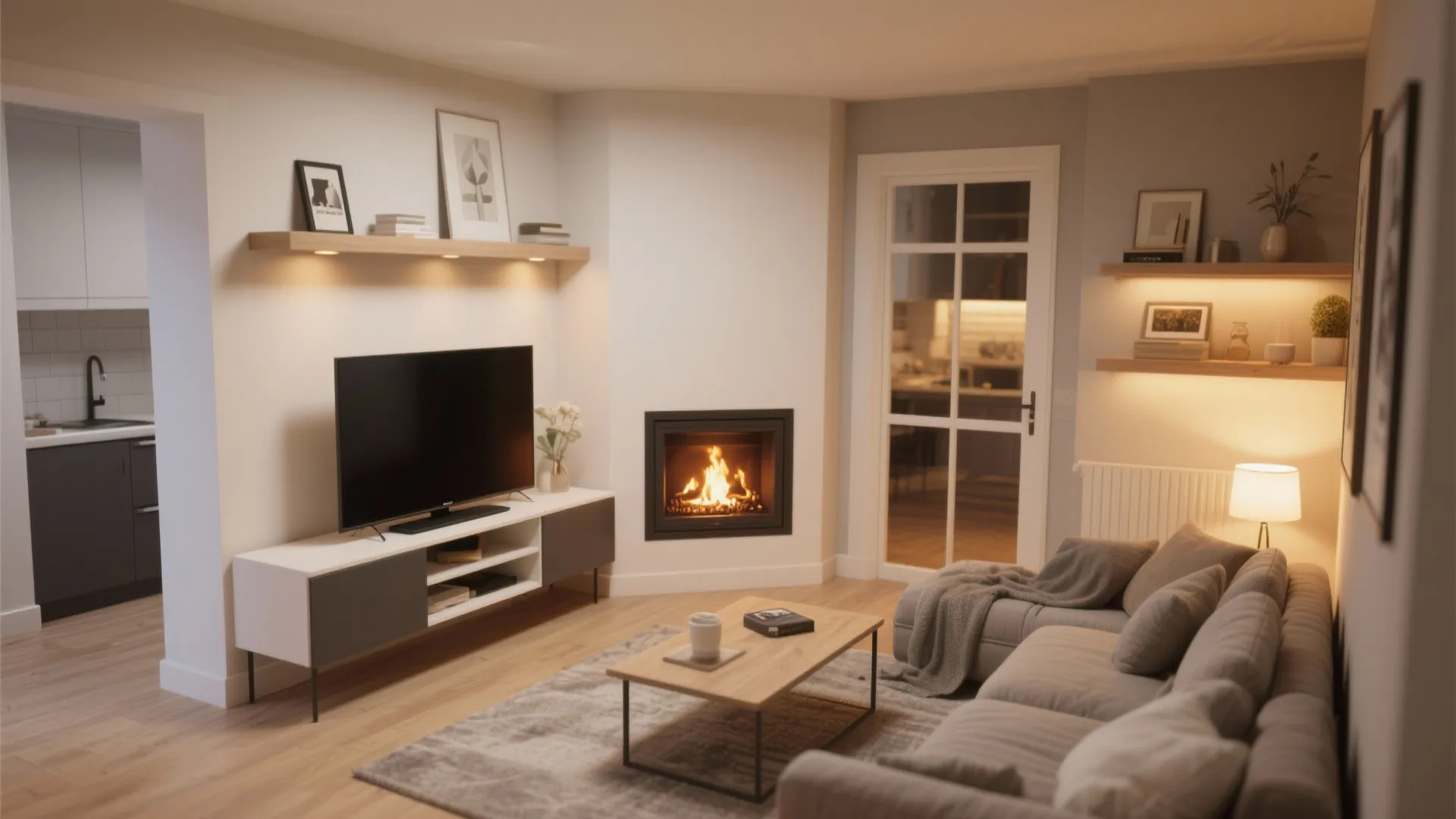 Modern cozy living room featuring a corner fireplace near a television on a white cabinet