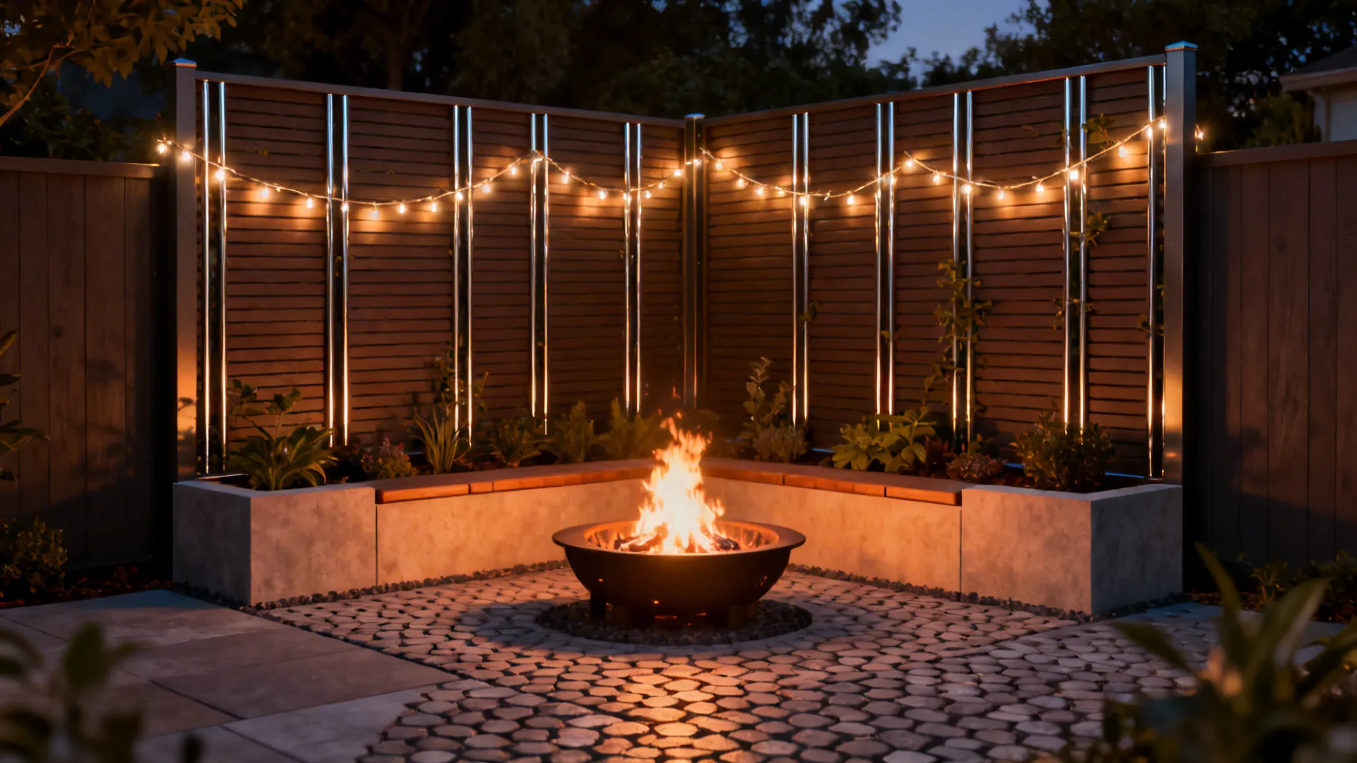 Cozy outdoor backyard fire pit with wood privacy screen string lights stone floor and bench