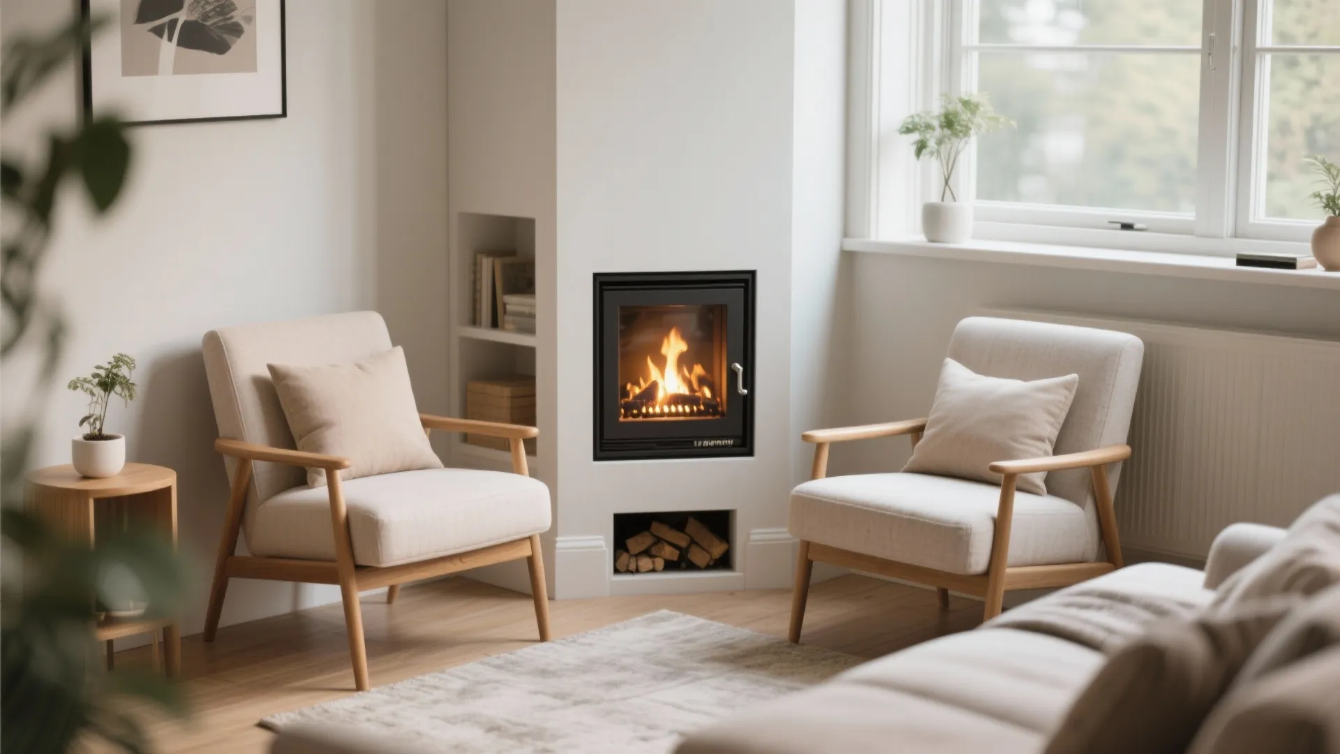 Small living room with a compact gas fireplace fitted into the corner with cozy seating