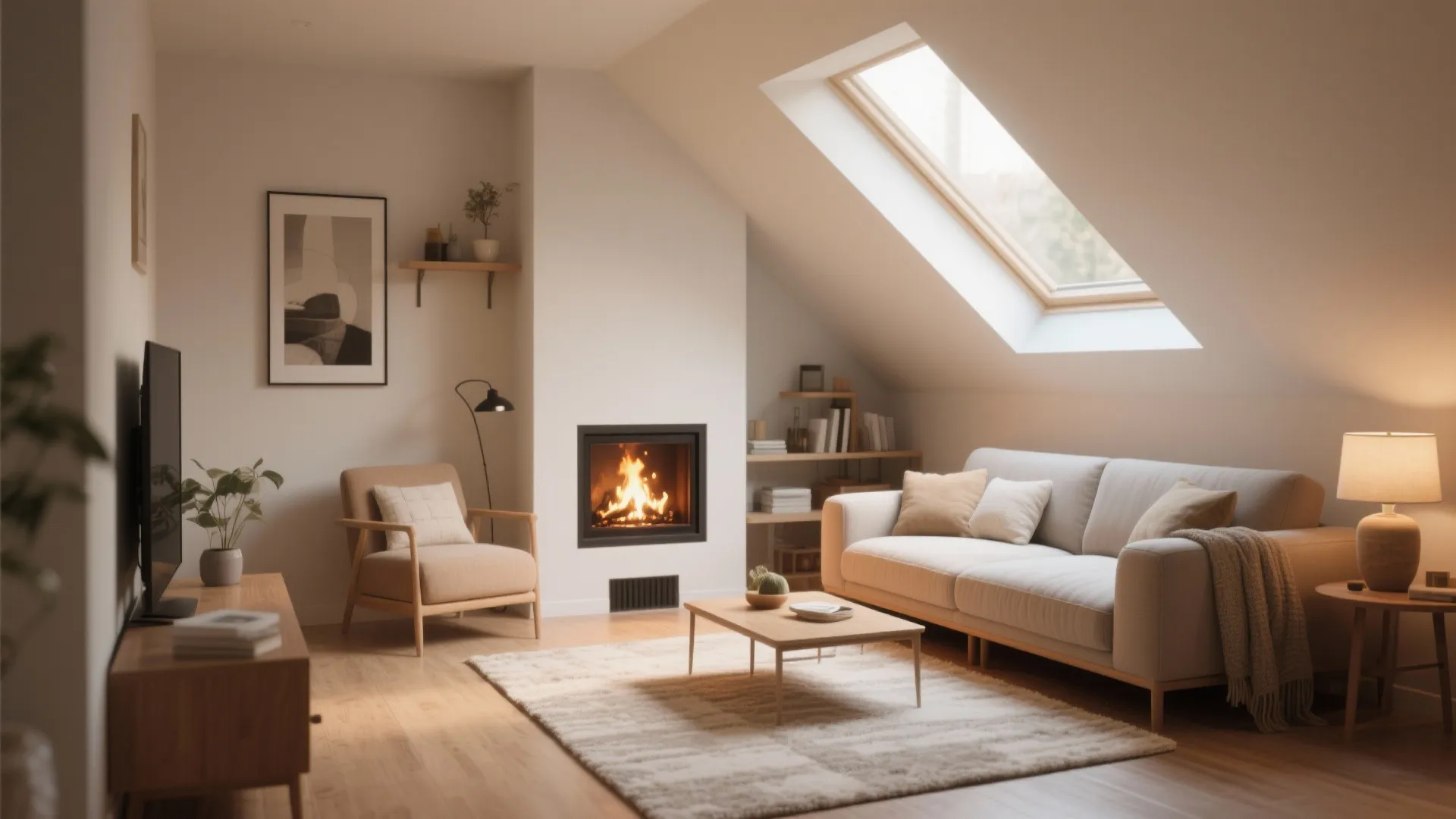 Corner fireplace with angled furniture in small living room