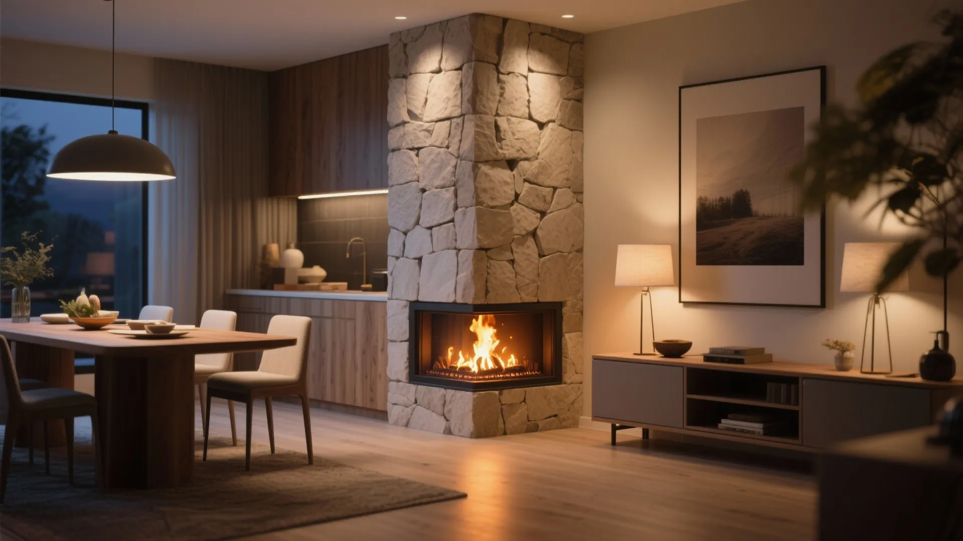 Small electric fireplace in dining room corner