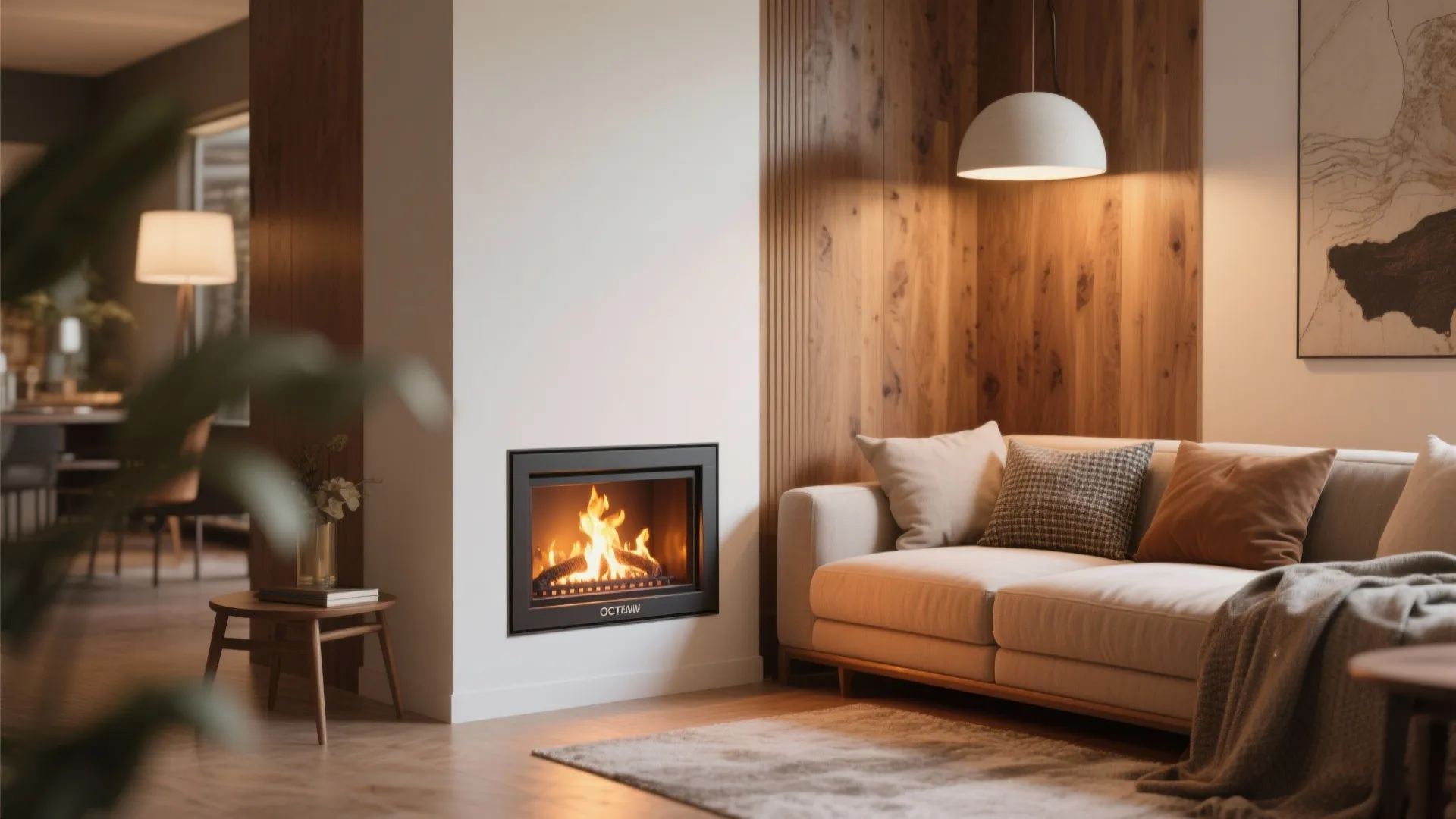 Cozy living room featuring a modern black fireplace cream sofa wood wall panel and warm