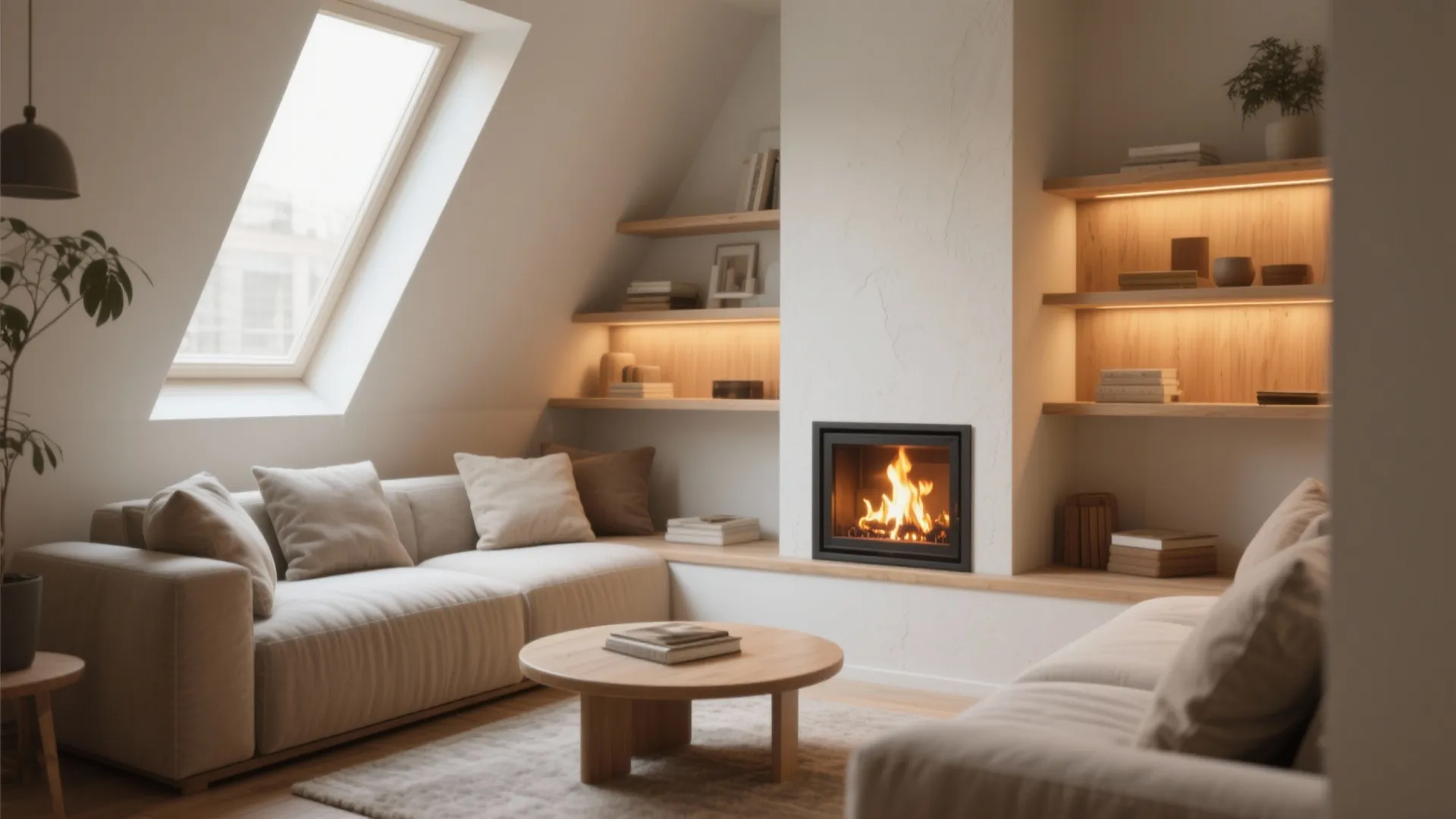 Cozy attic living room with built in fireplace wooden wall shelves and a roof window