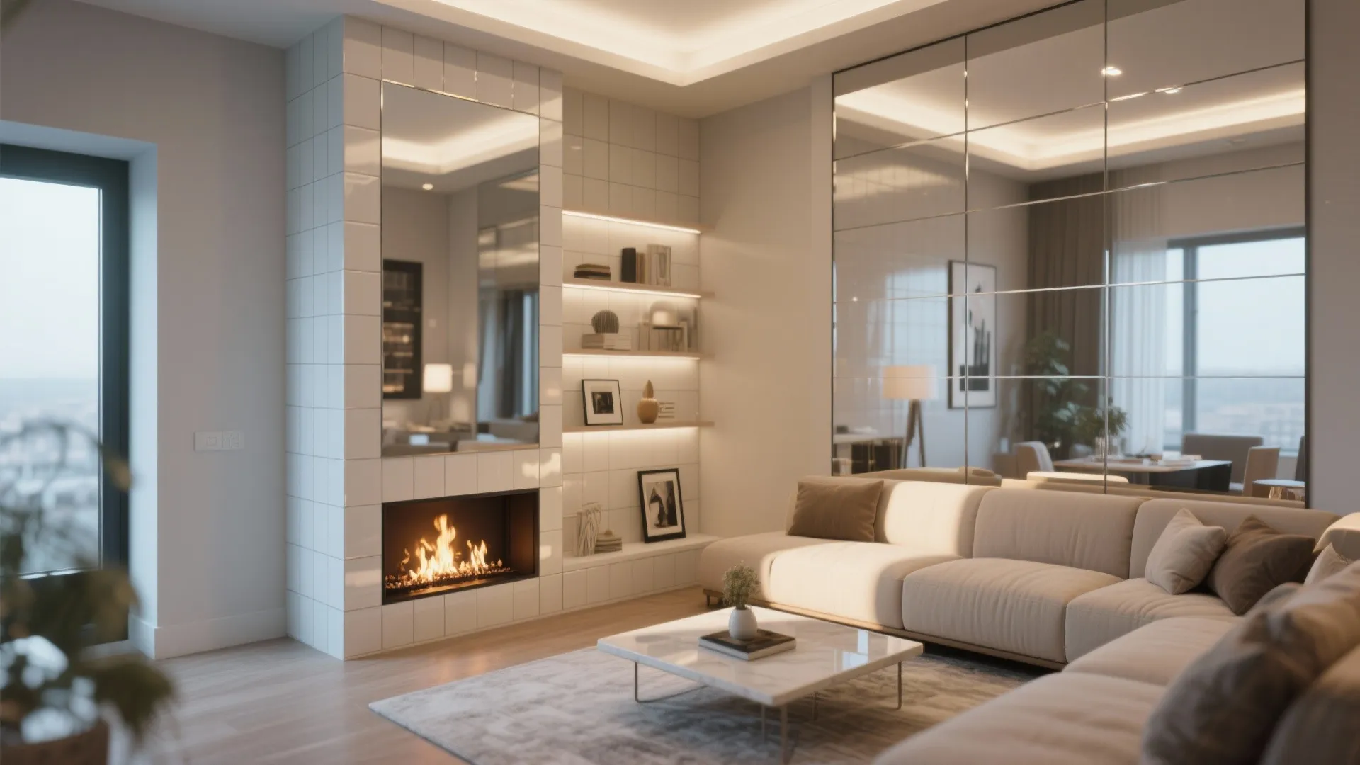 3. Corner Fireplace with Reflective Surfaces