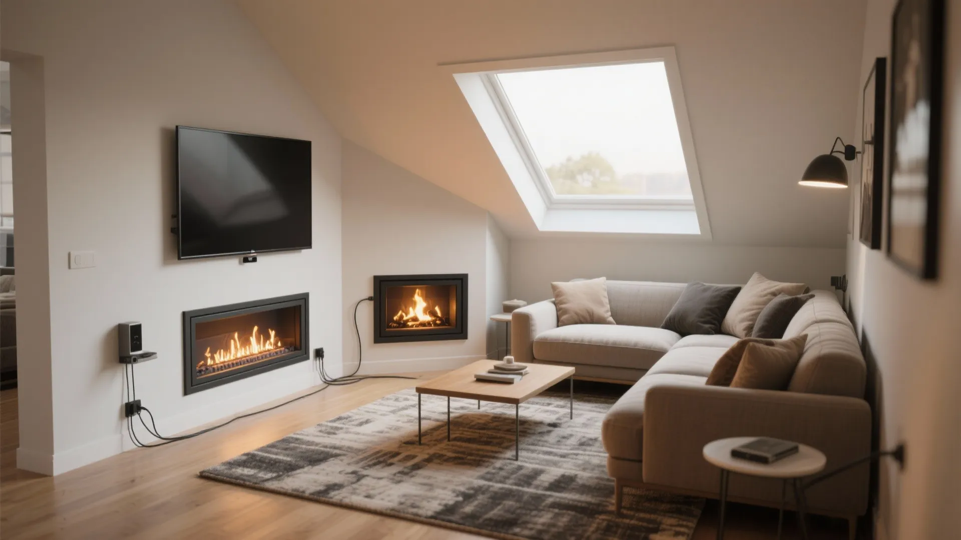 4. Corner fireplace and angled TV for awkward rooms
