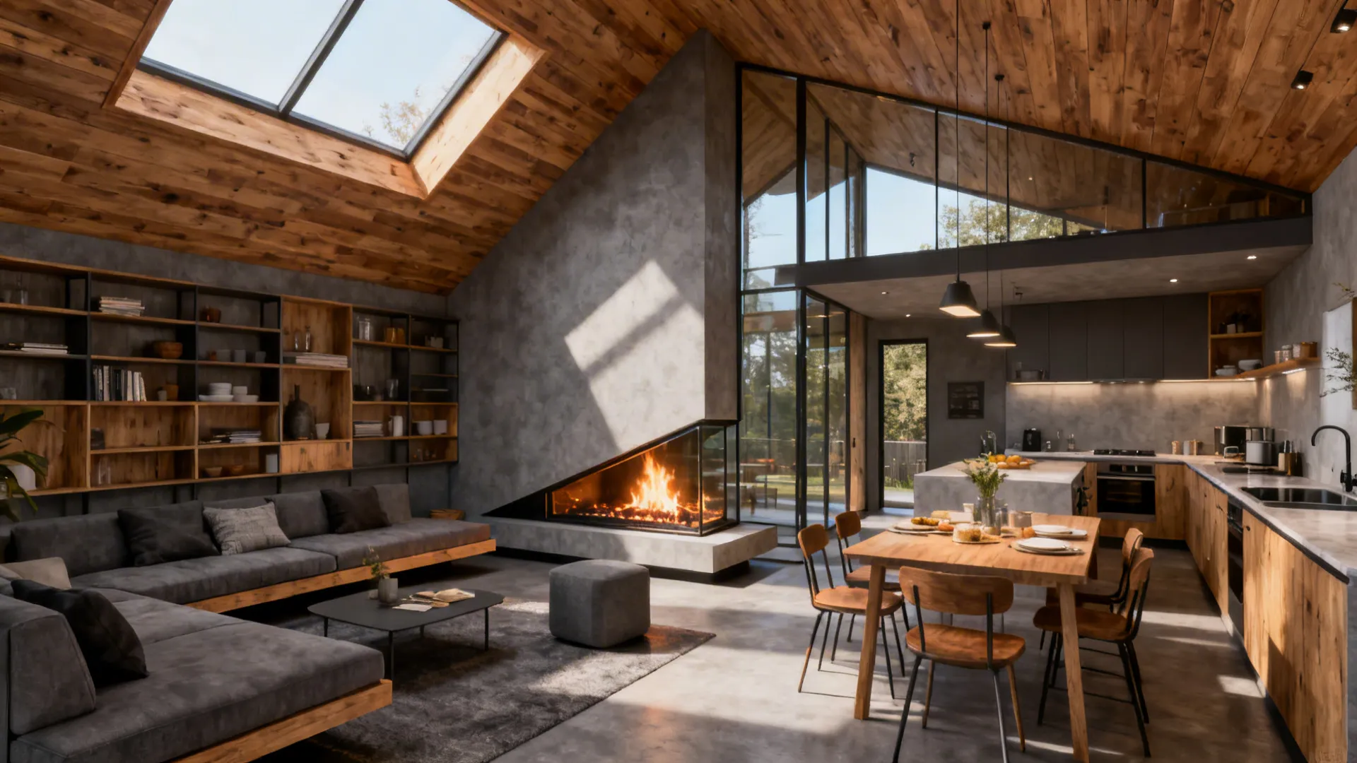 Corner fireplace with angled glass warming a living area and adjacent breakfast nook in a loft-style interior.
