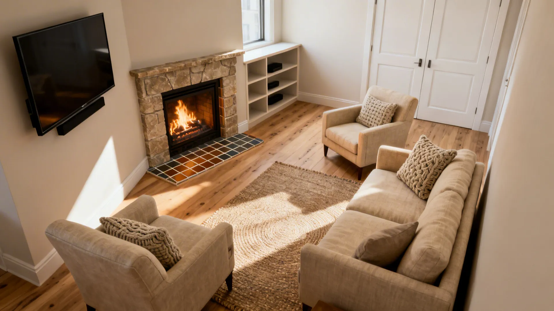 Small living room with a corner fireplace and an angled TV placement, seating arranged inclusively.