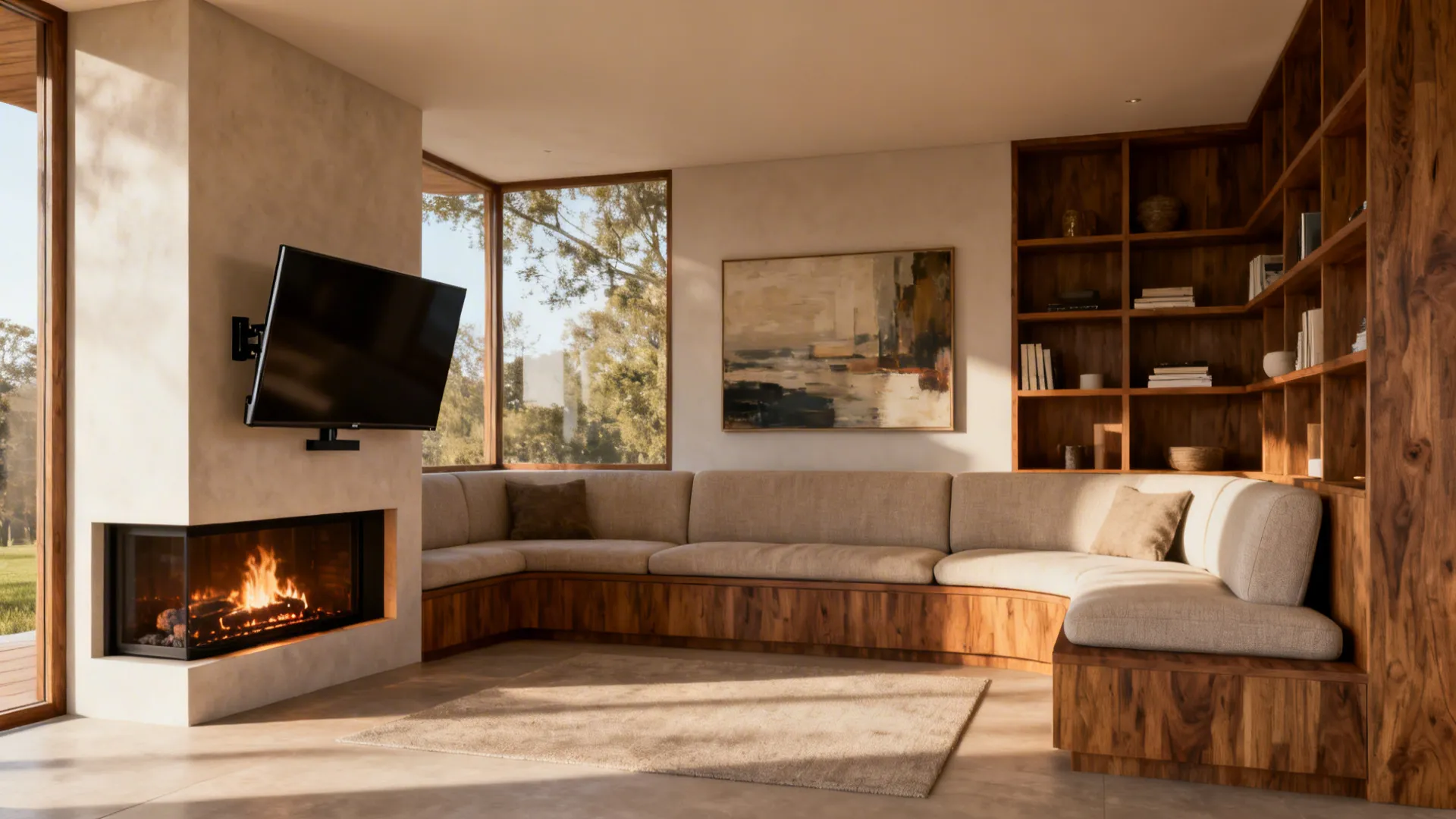 Modern living room corner featuring a built-in wooden fireplace, wall-mounted television, bookshelves, and curved sofa