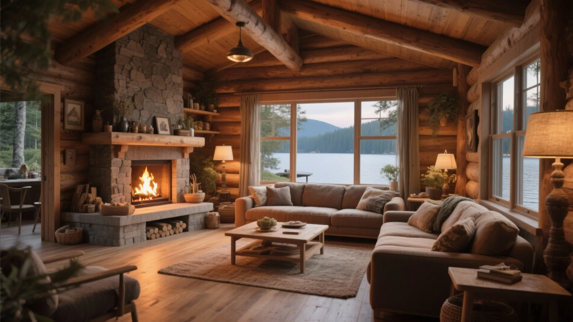 Cozy log cabin interior with stone fireplace brown sofa wooden coffee table and scenic lake view