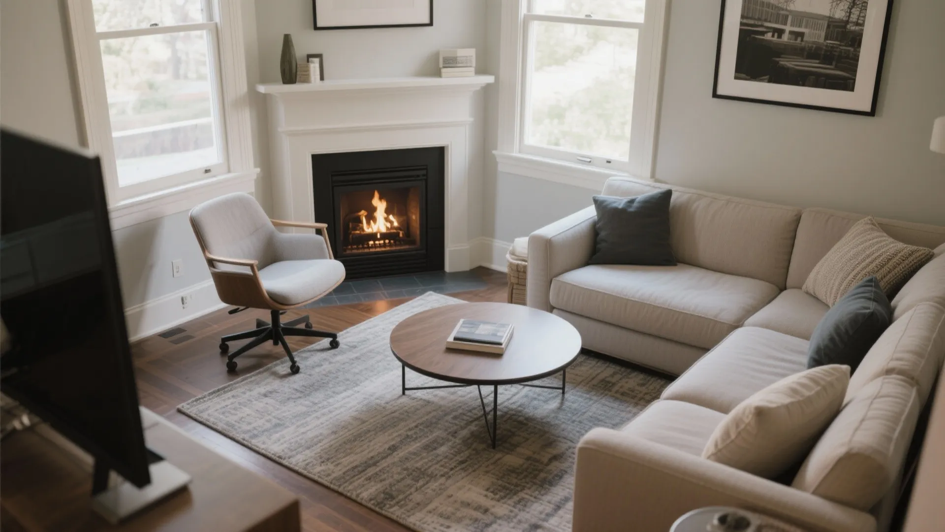 Corner fireplace + chaise swap for traffic flow