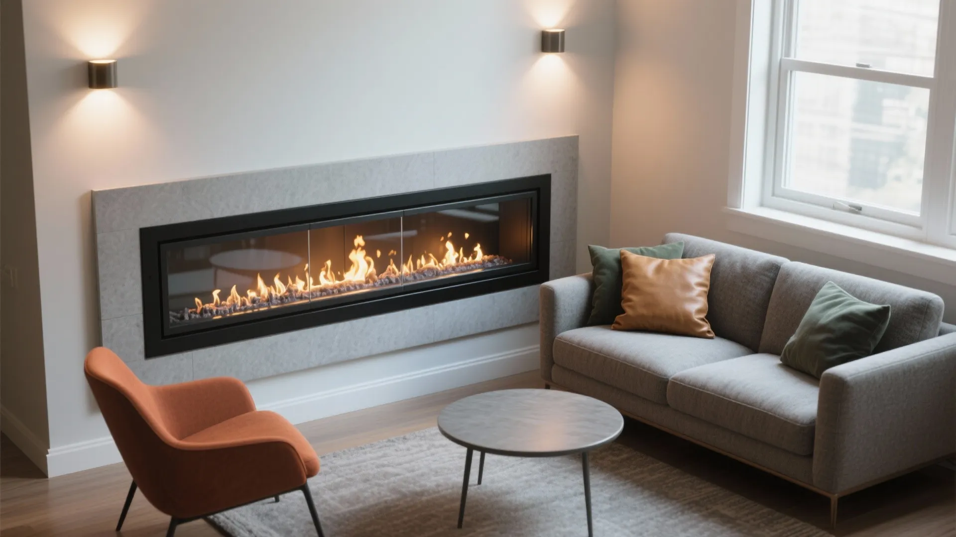 Modern living room featuring a long electric fireplace, grey sofa, orange chair, and wall lights