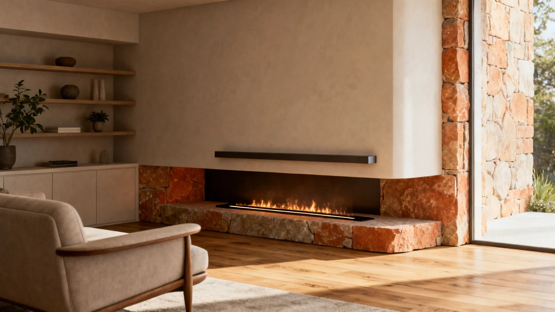 Modern living room with a stone fireplace featuring wooden shelves sofa and warm natural light