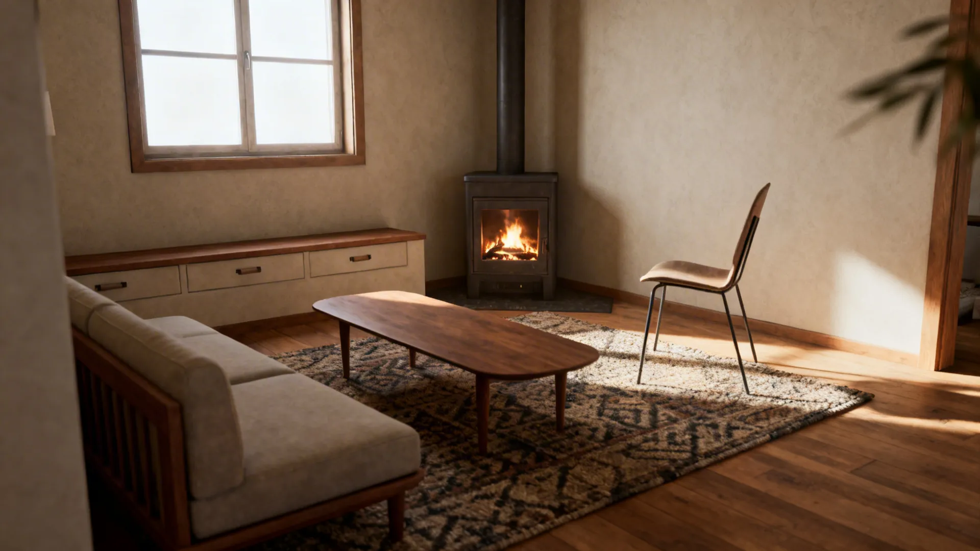 Living room with corner fireplace burning wood, wooden coffee table, a chair, and grey sofa