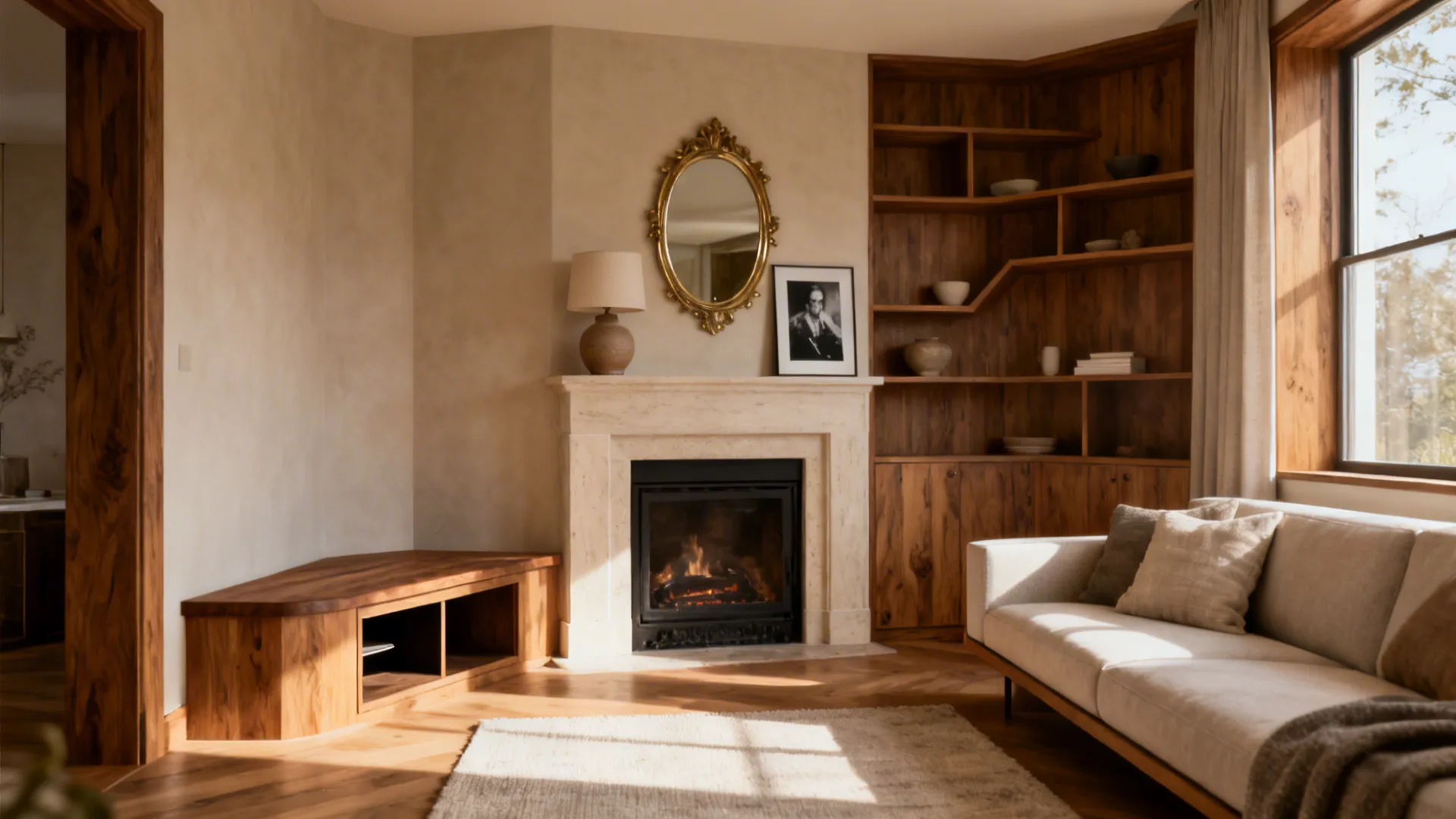 Living room with marble fireplace gold mirror wooden shelves beige sofa and light wood floor