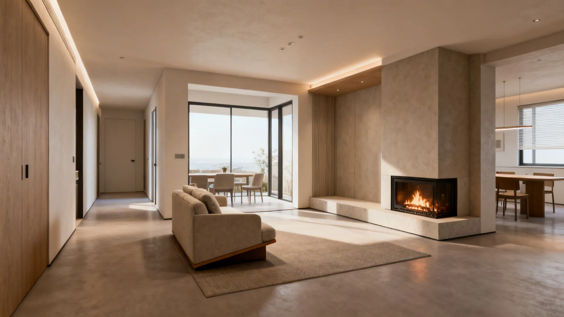 Open plan living room with a corner fireplace, beige sofa, rug, and distant dining area