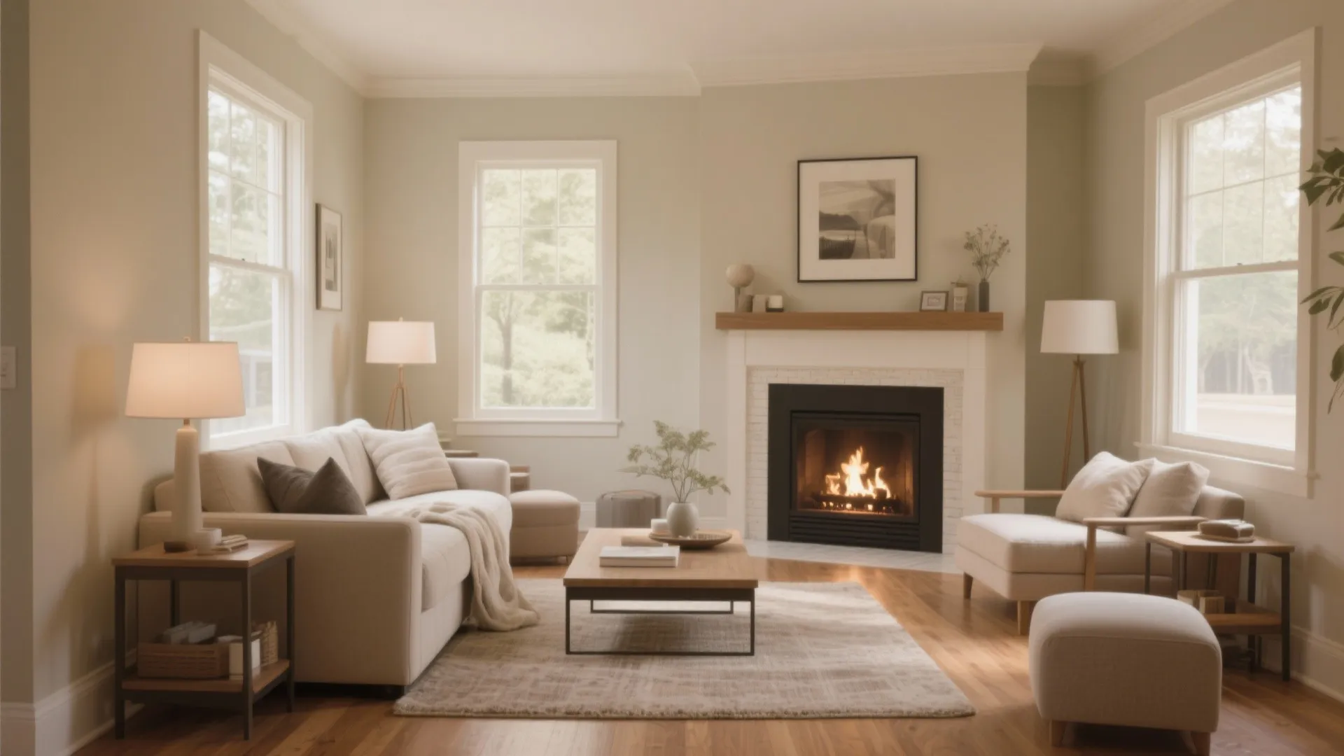 Bright living room with a corner fireplace coffee table comfortable sofa and two floor lamps