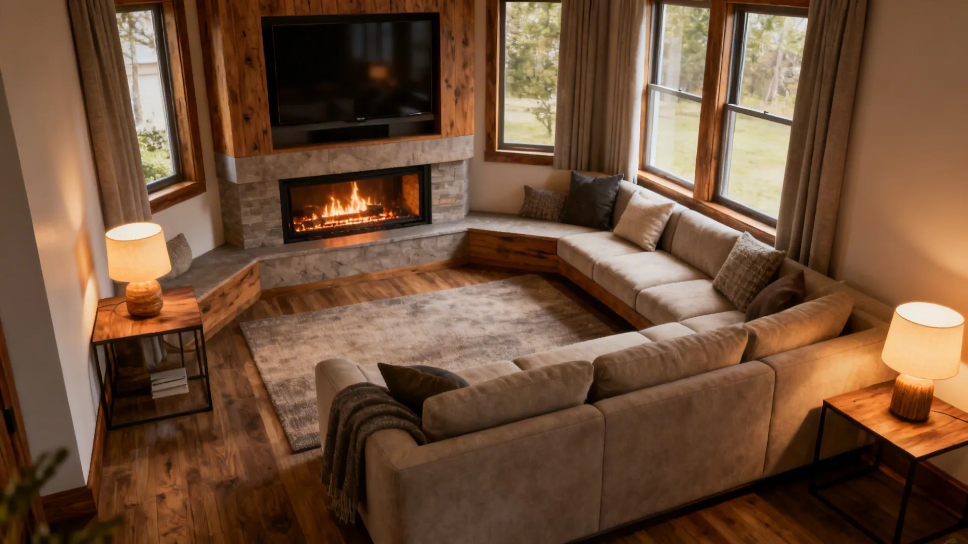 Cozy living room with corner fireplace and large sofa and wooden floor and two warm lamps