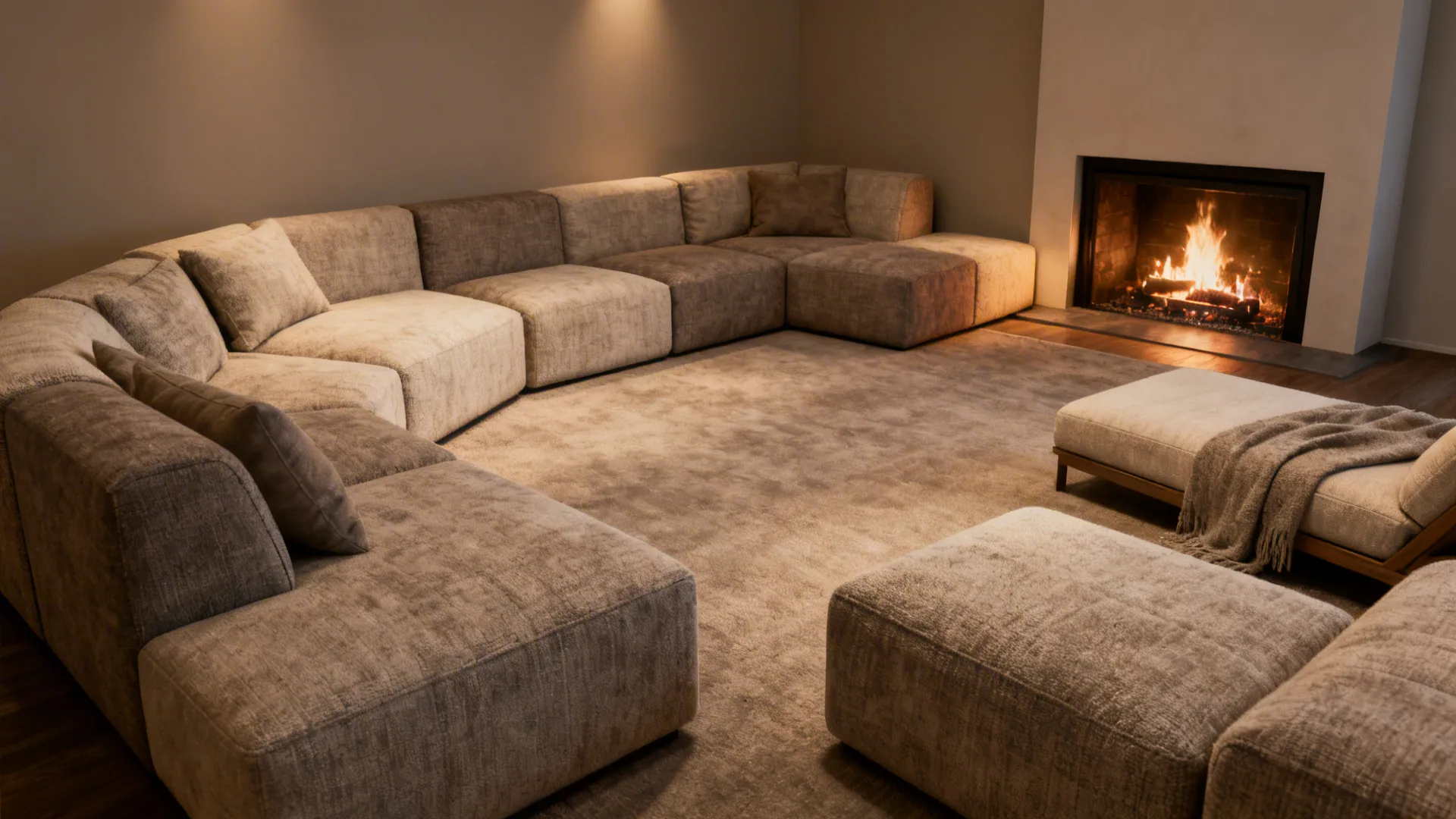 Large modular beige sofa around a rug with a burning fireplace in a cozy room
