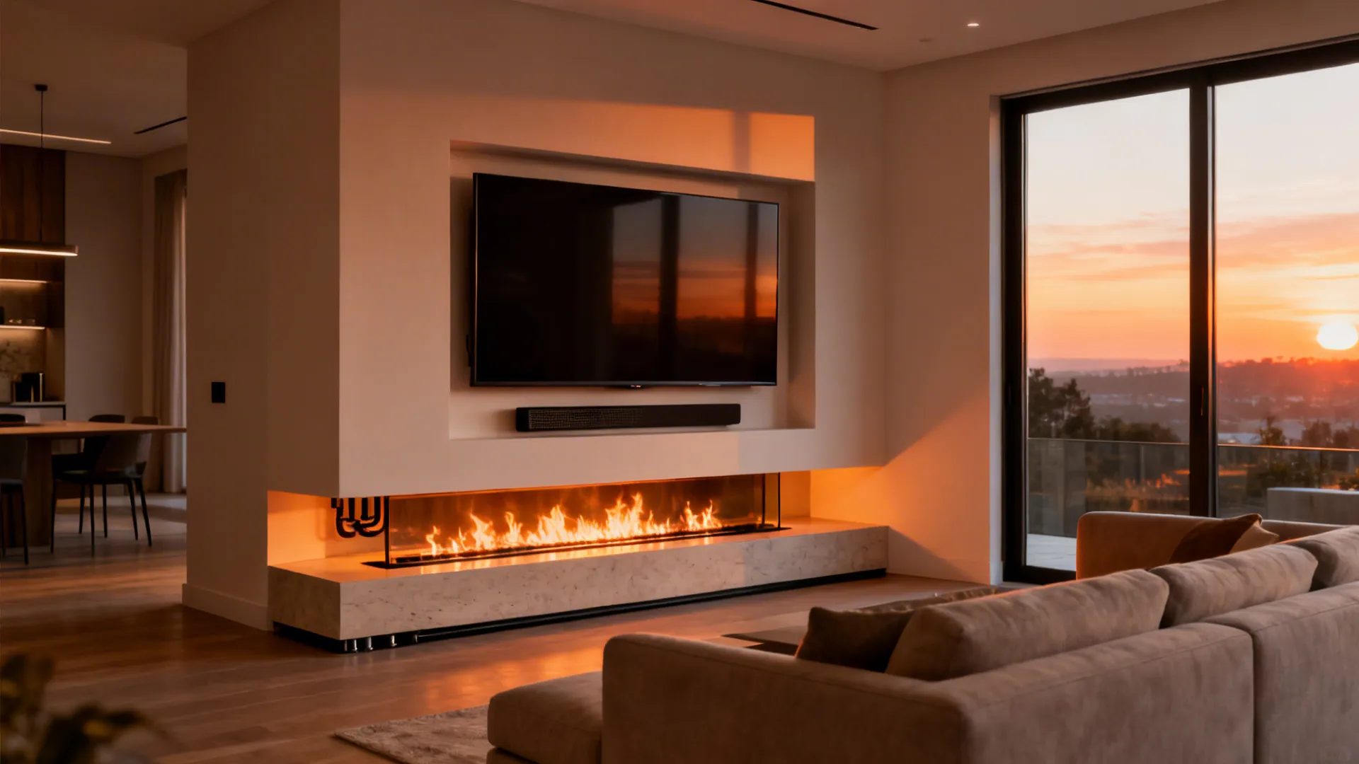 Built-in corner niche with recessed TV above a slim bio-ethanol fireplace