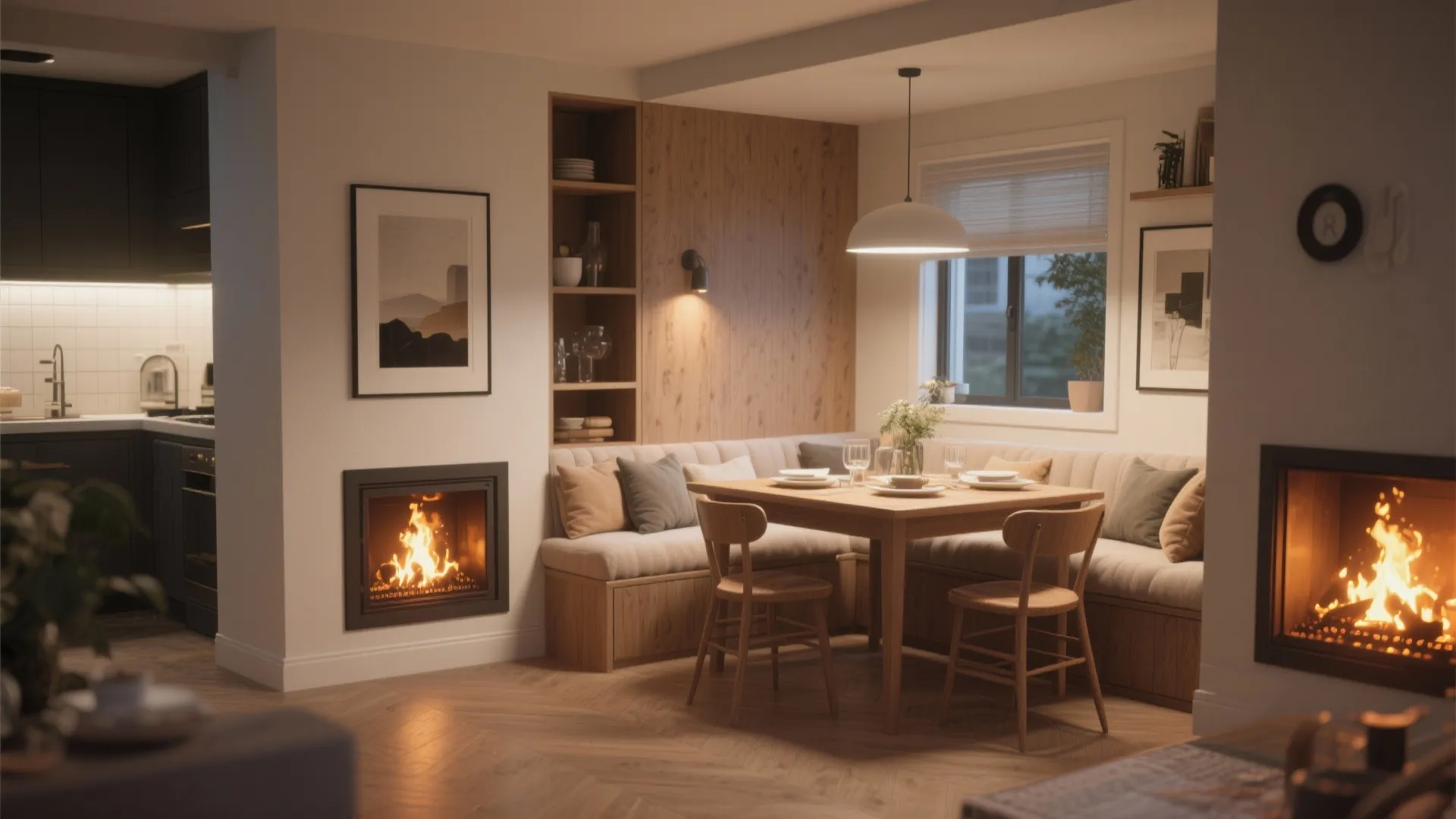 Modern dining nook with wooden table, bench seating, wall light, ceiling light, and two fireplaces