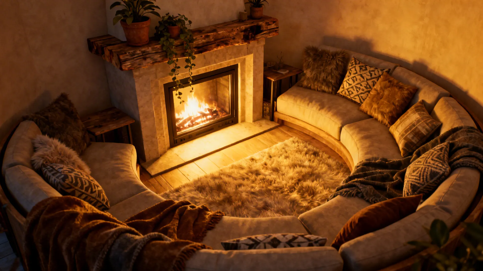 Cozy room corner with curved sofa and pillows near a warm stone fireplace with fire