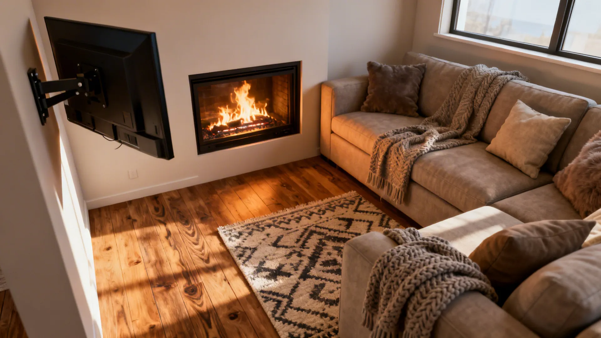 Cozy corner fireplace with an angled TV and compact sectional creating a warm viewing nook.