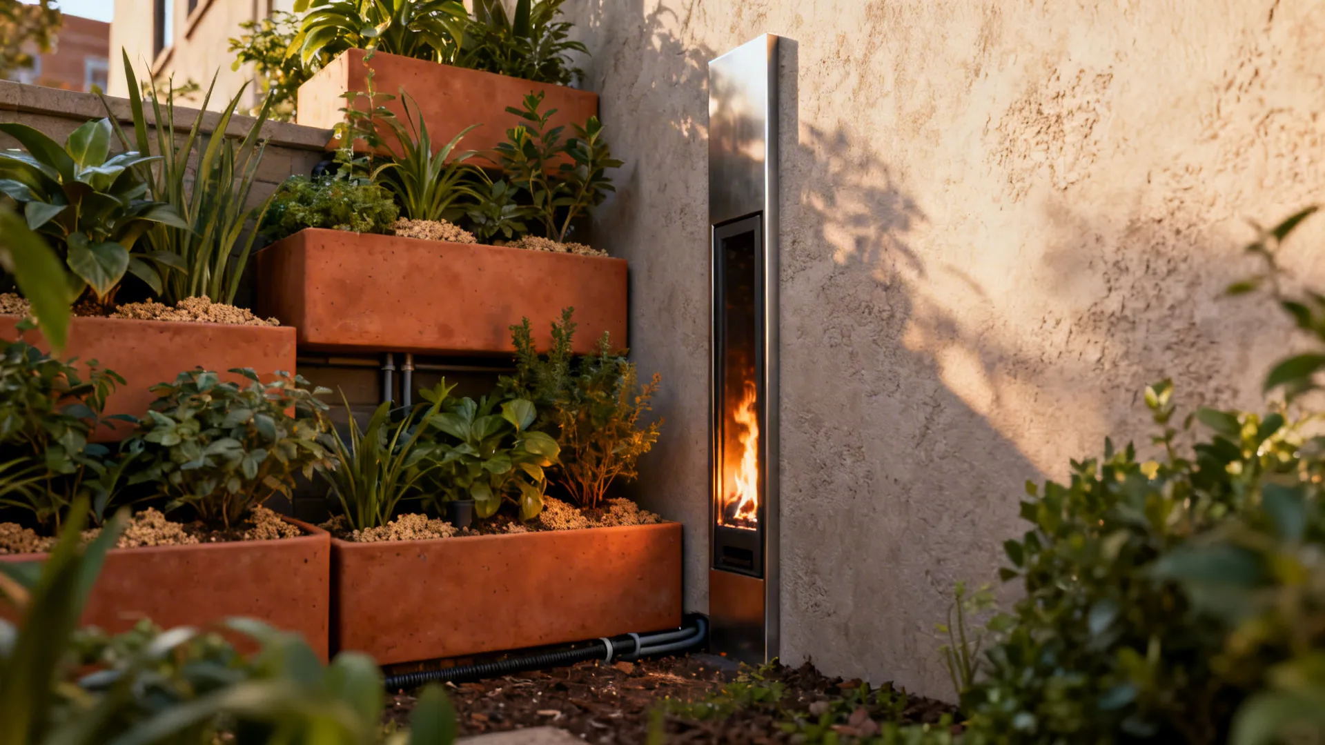 Slim corner gas fireplace with stacked planters creating a verdant nook in a small yard.