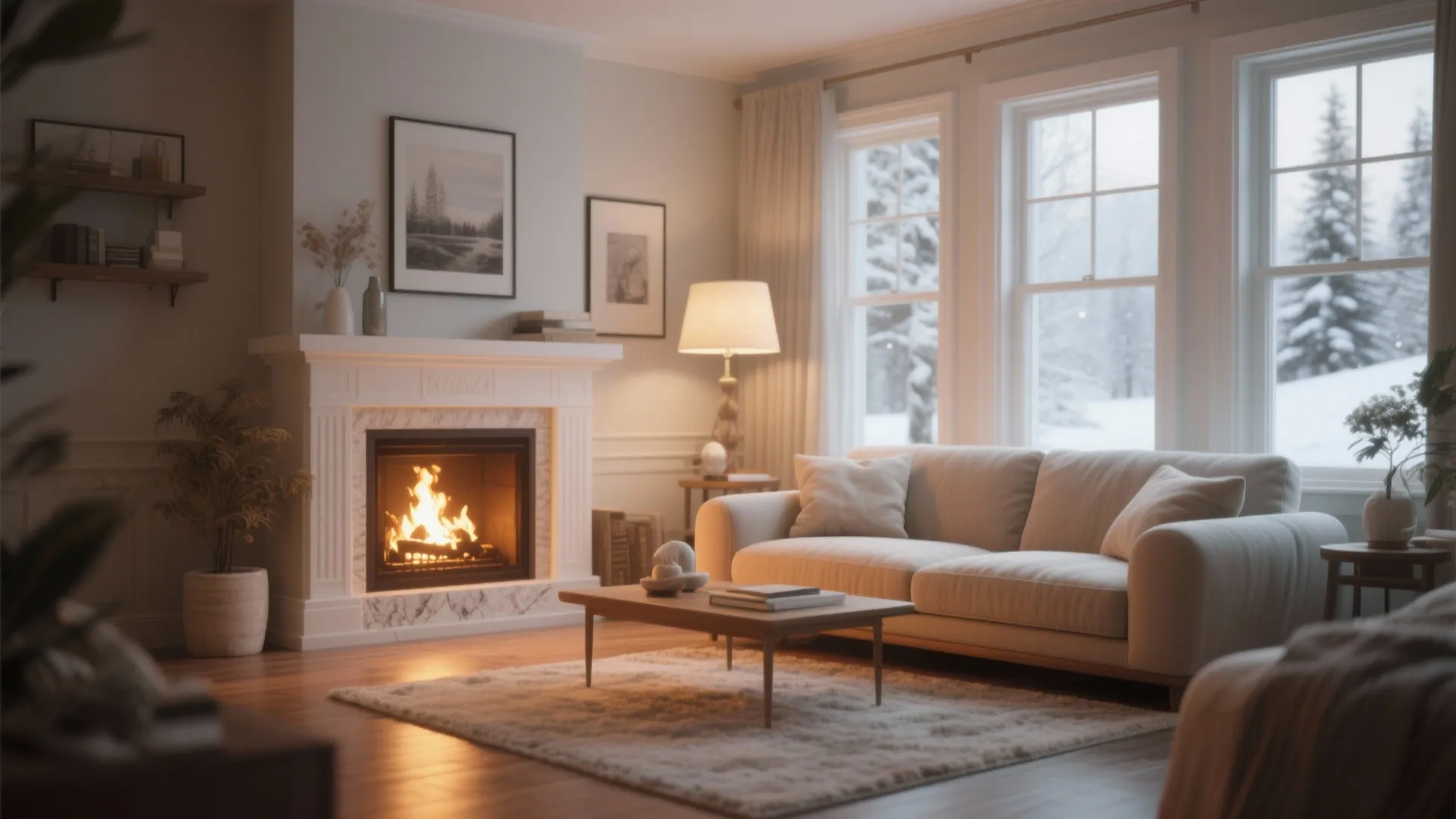 Cozy living room featuring warm fireplace white sofa wooden coffee table and snowy window view
