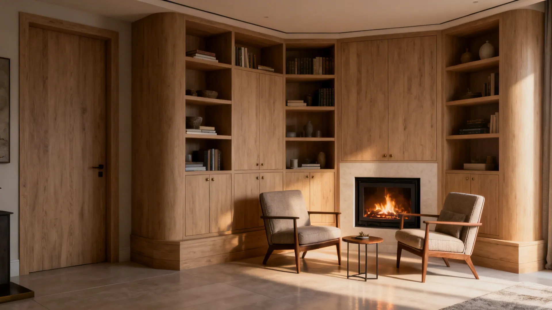 Corner fireplace flanked by built-in shelves and cabinets forming a cozy conversation nook