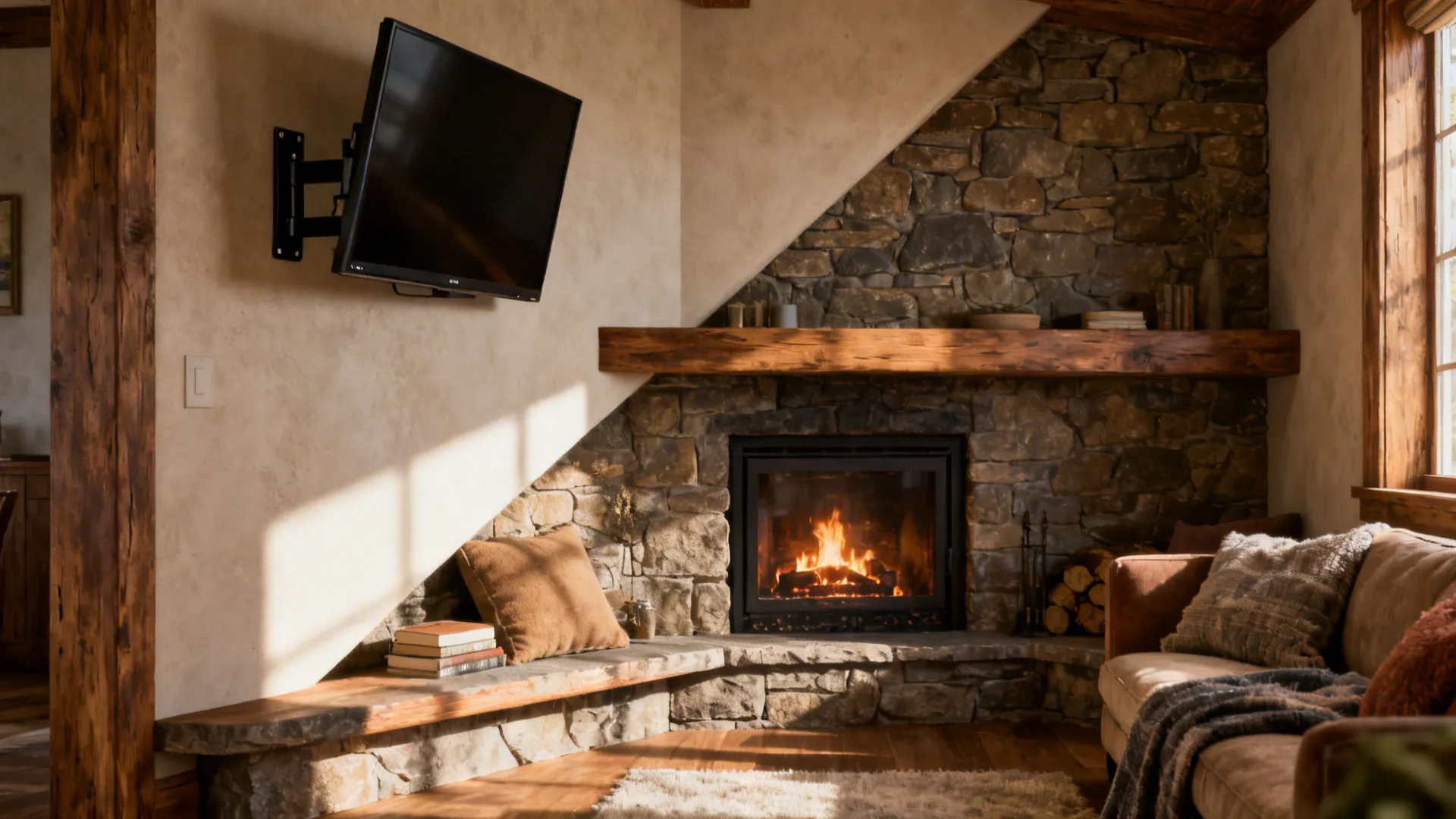 Cozy corner fireplace with a swivel TV mount and angled mantel creating a seating nook.