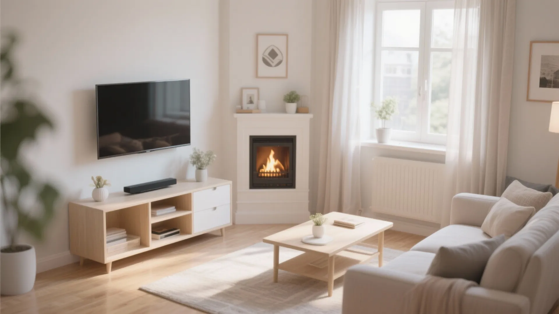 Bright small living room with corner fireplace TV unit