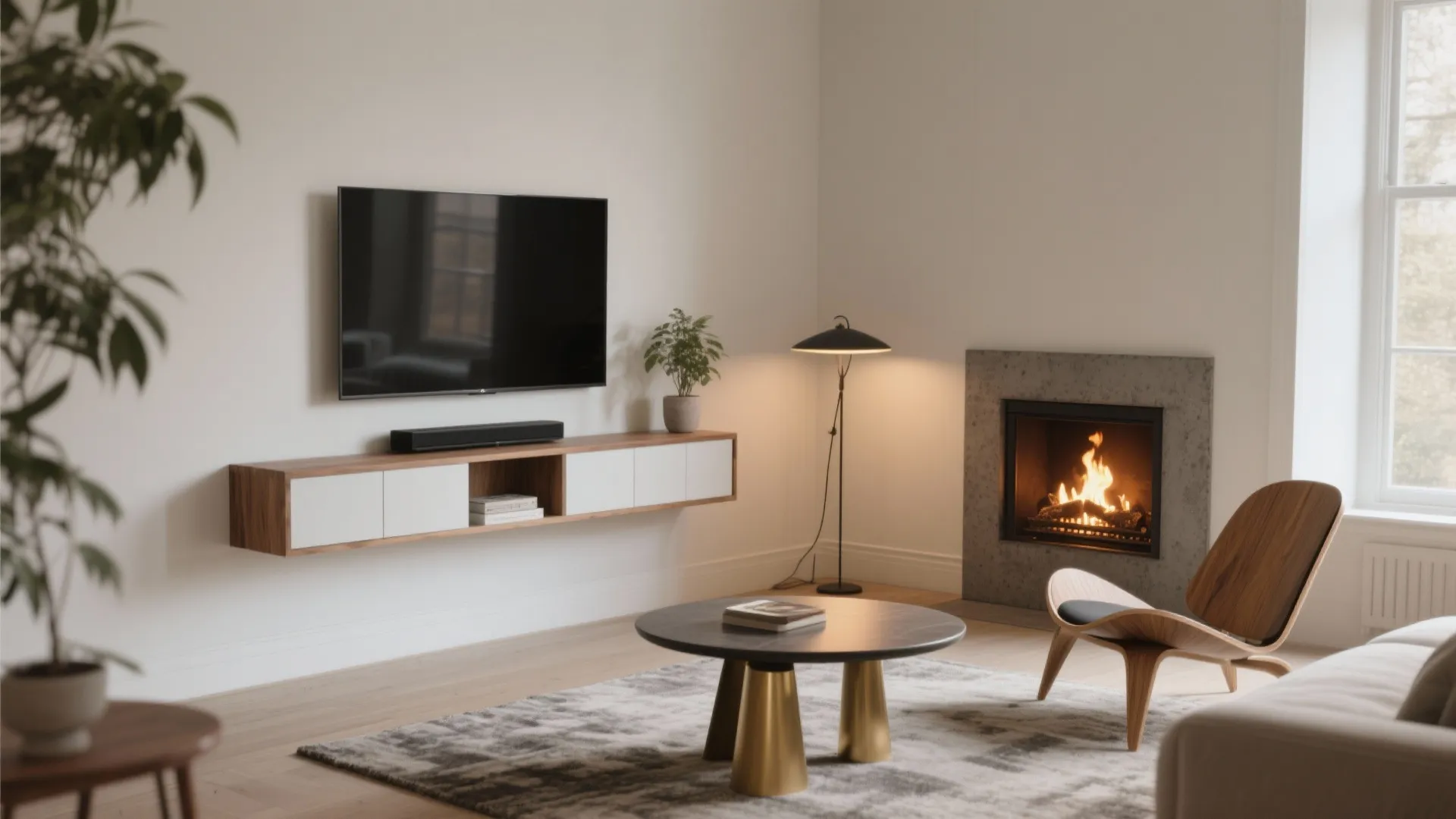Corner Fireplace Strategy with Compact Media Wall