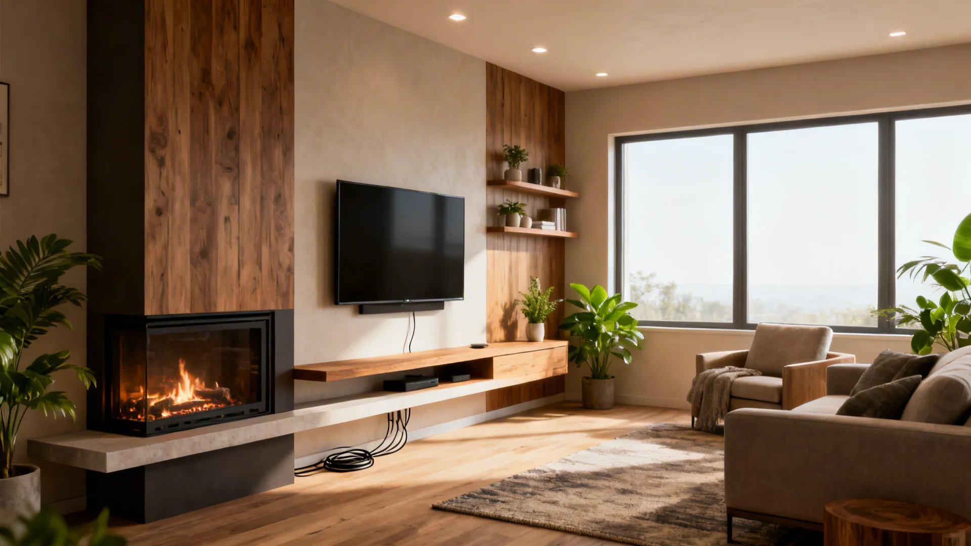 Modern living room featuring a corner fireplace wooden wall panels wall mounted television and sofa