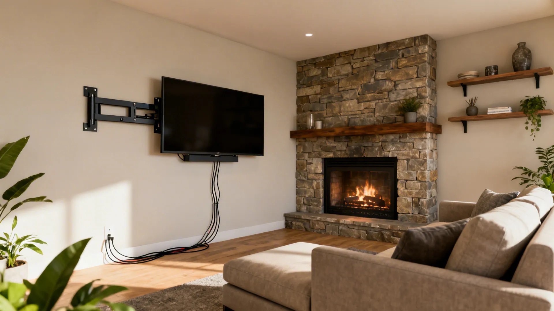 Living room with a corner fireplace, swivel-mounted TV, and angled seating for dual focus