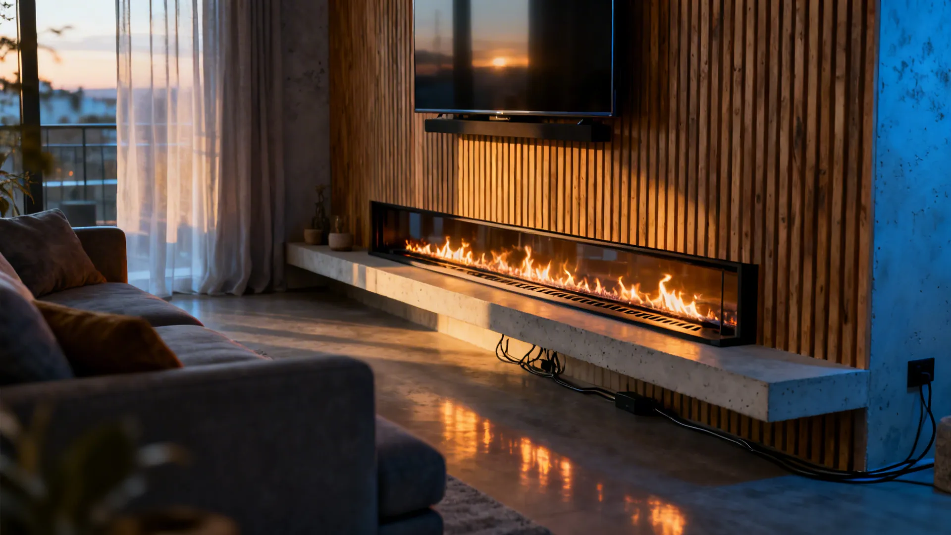 Corner-mounted TV above a slim electric fireplace on a floating plinth with matte cladding.