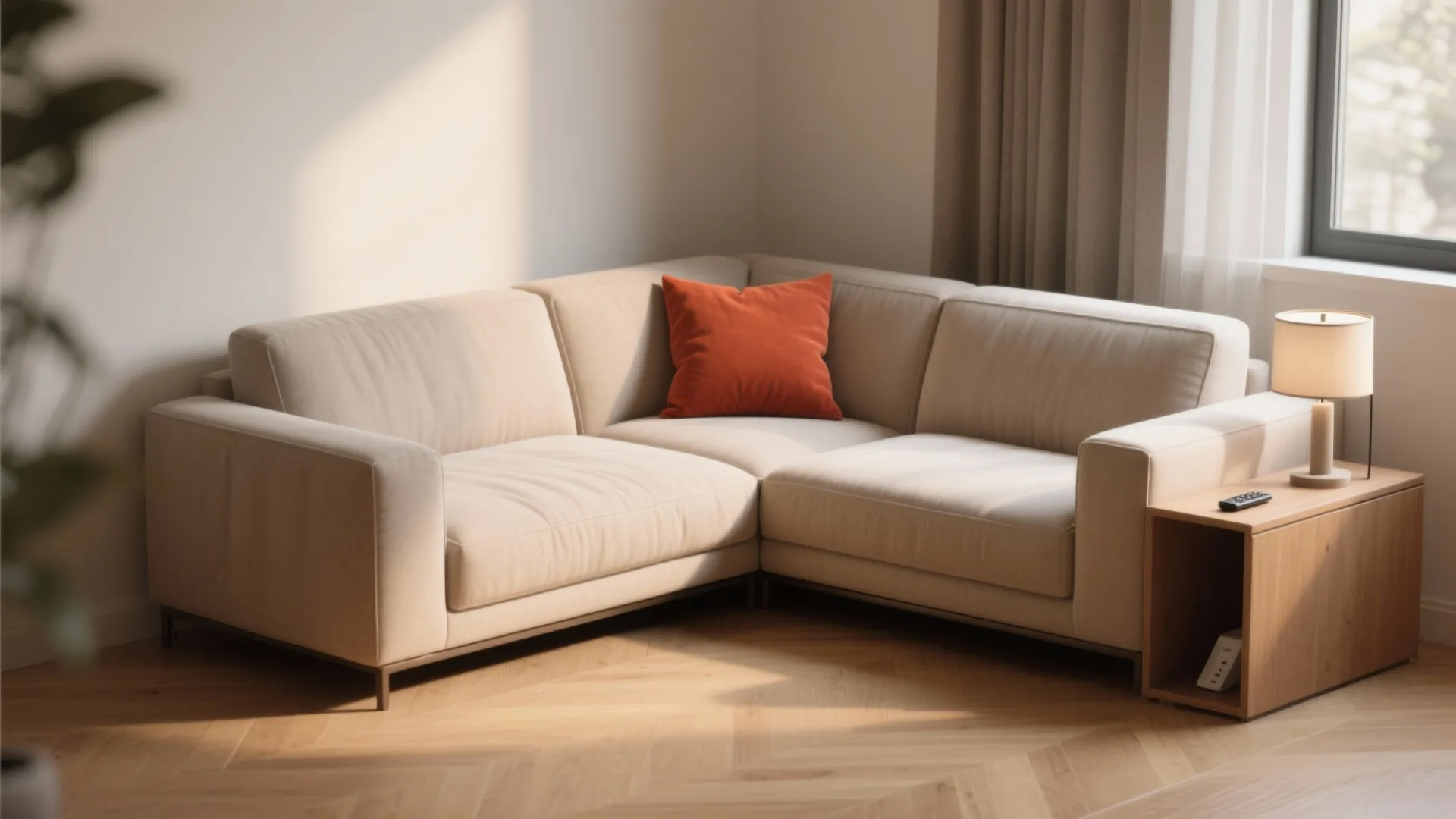 Beige corner sofa with one orange pillow and small wooden side cabinet with table lamp
