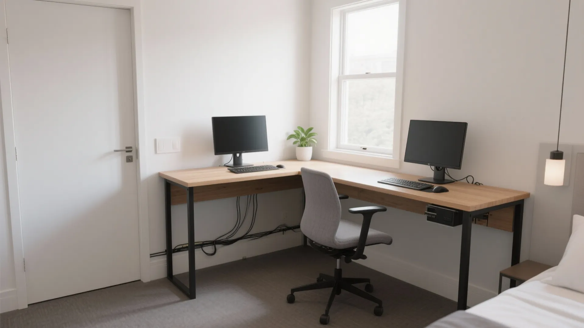 Corner-first L desk layout that respects the room