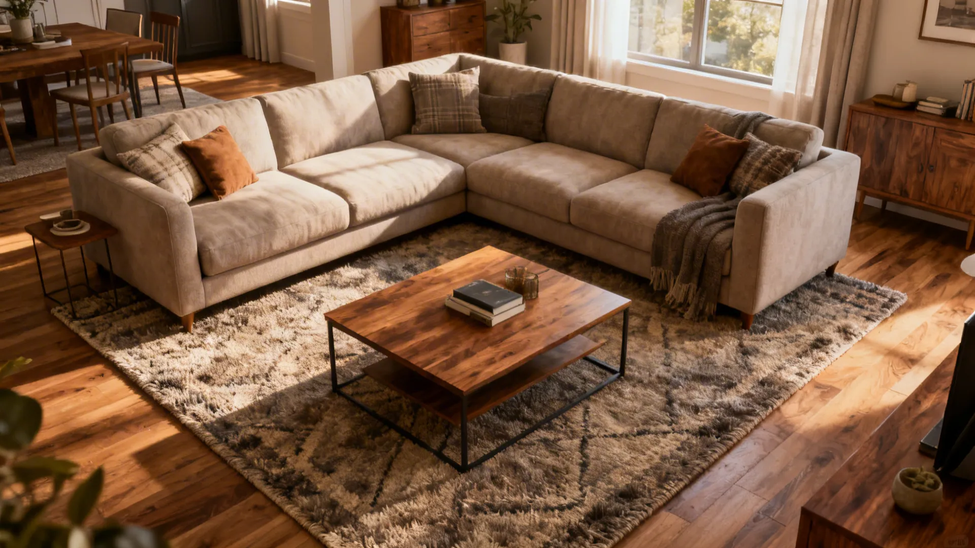 L-shaped sectional with a corner-fit rug extending under both sides and a coffee table on top