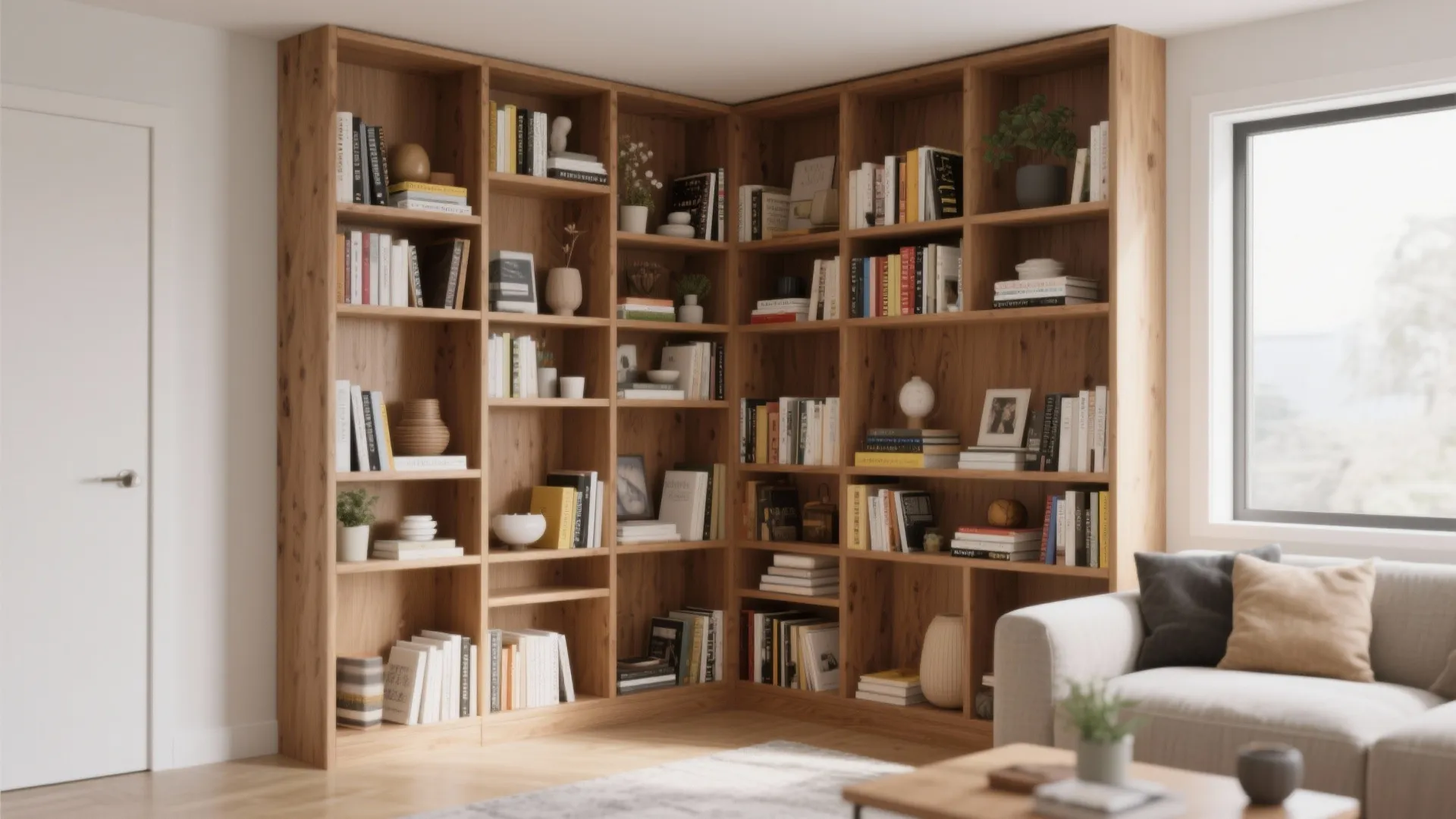 Custom corner-fit bookcase in a modern living room corner