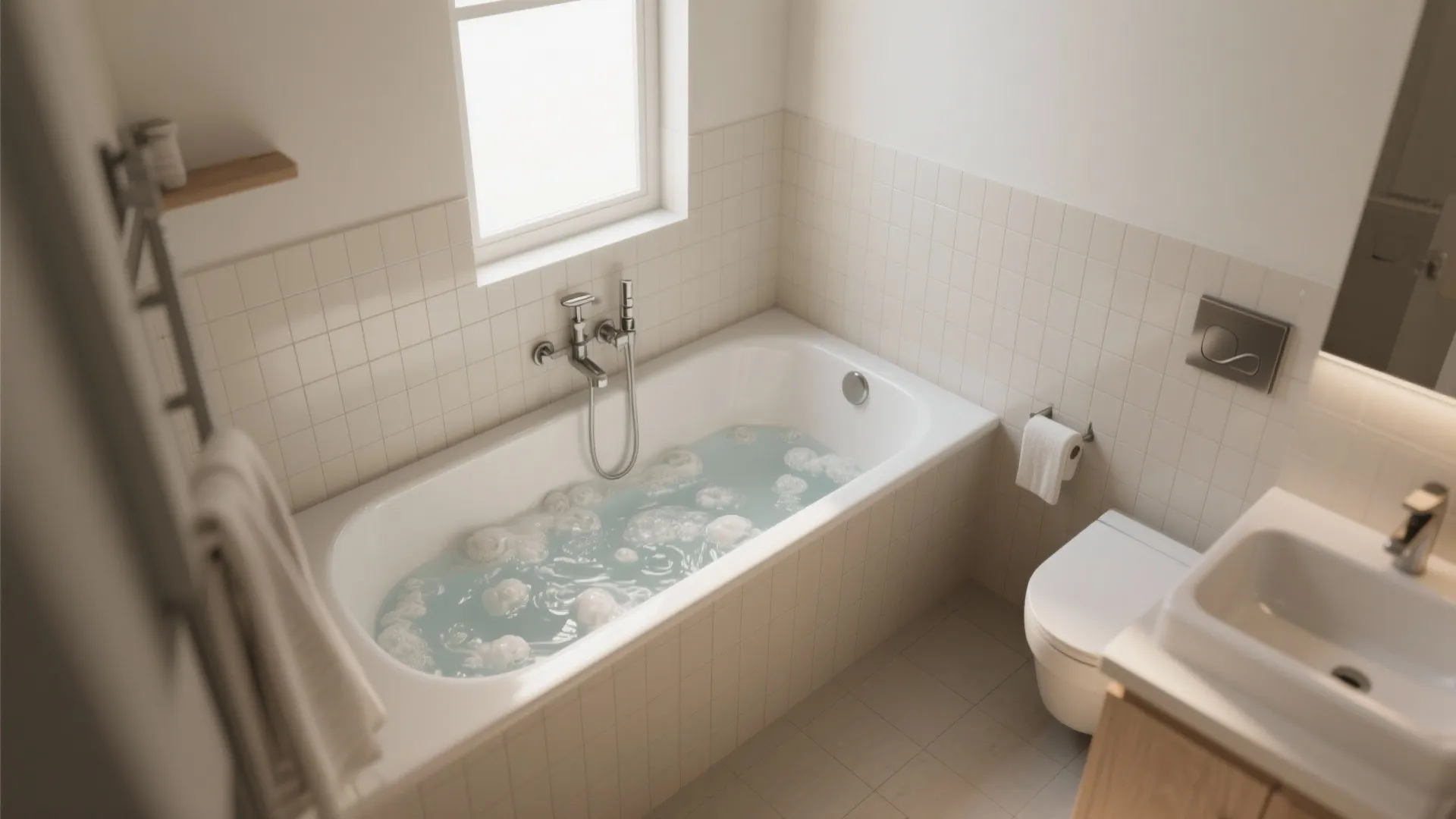 Modern small bathroom with a white bathtub filled with bubbles next to a white toilet