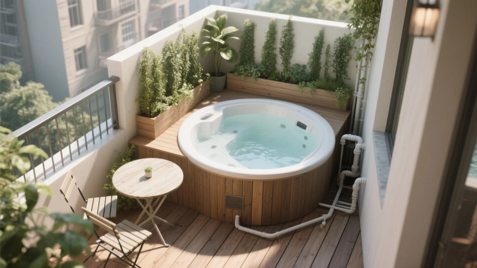 Small balcony interior design featuring a round hot tub wooden deck table and chairs set