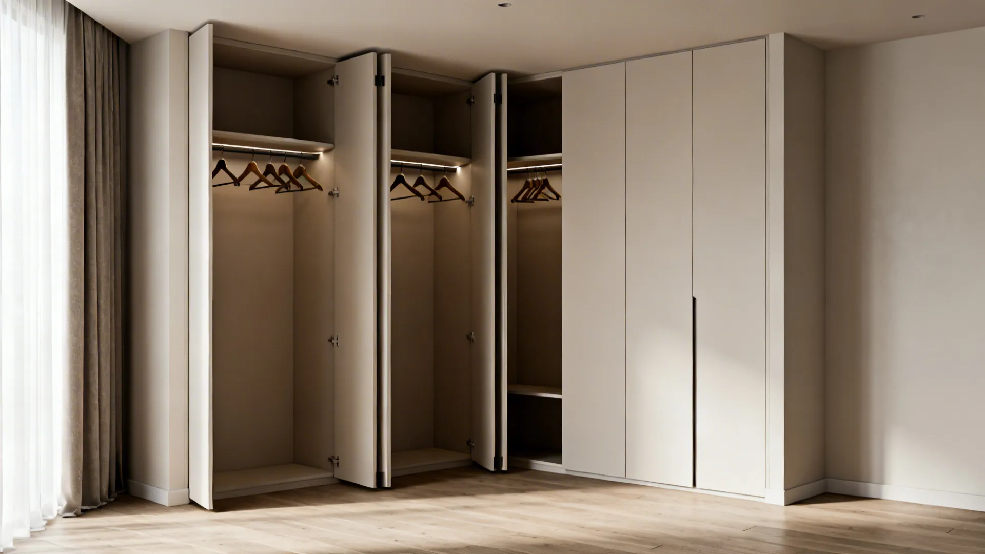 L-shaped corner fitted wardrobe with angled bi-fold doors maximizing hanging length and corner storage.