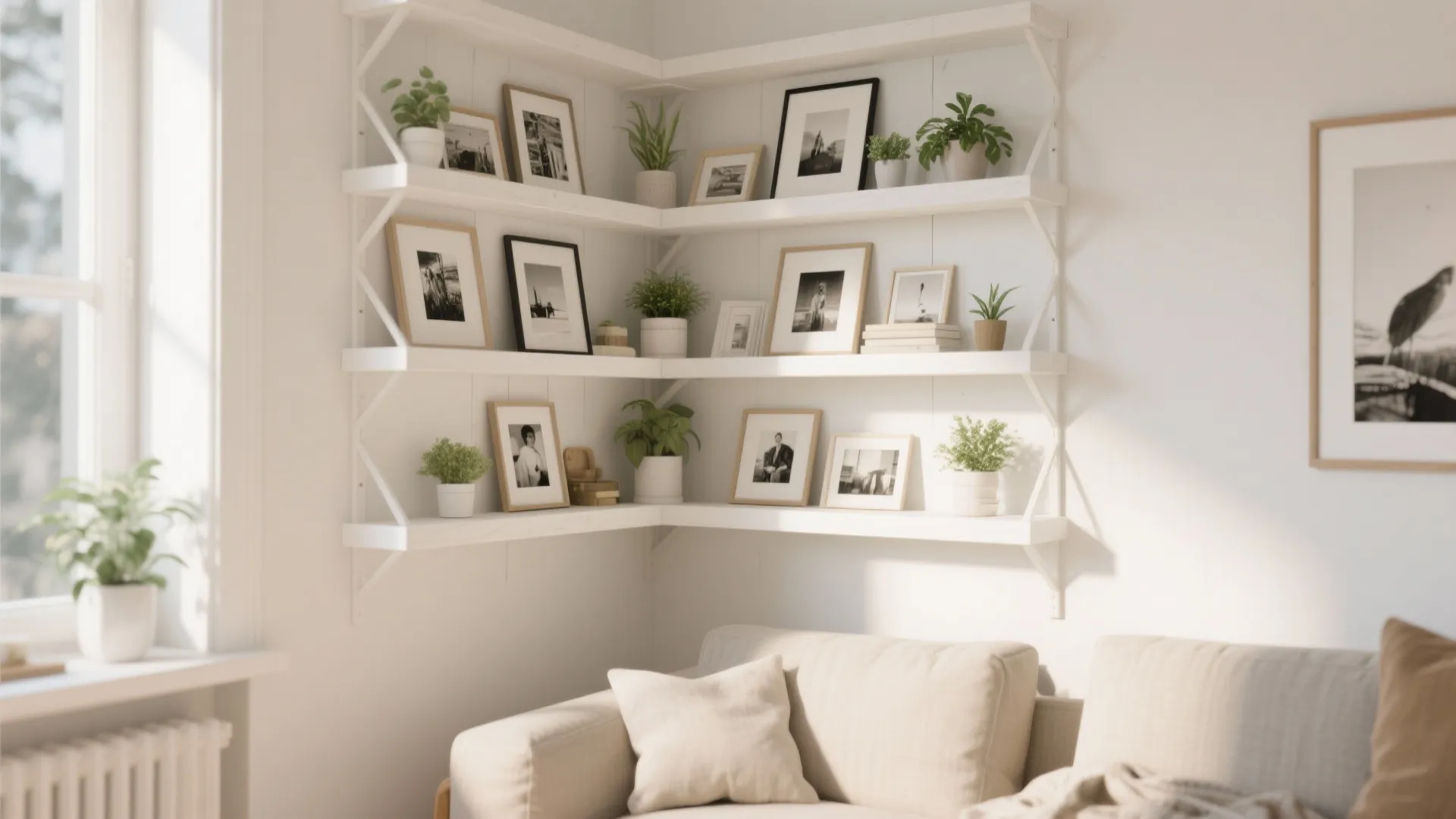 White wooden corner shelves with plants and pictures in a small living room