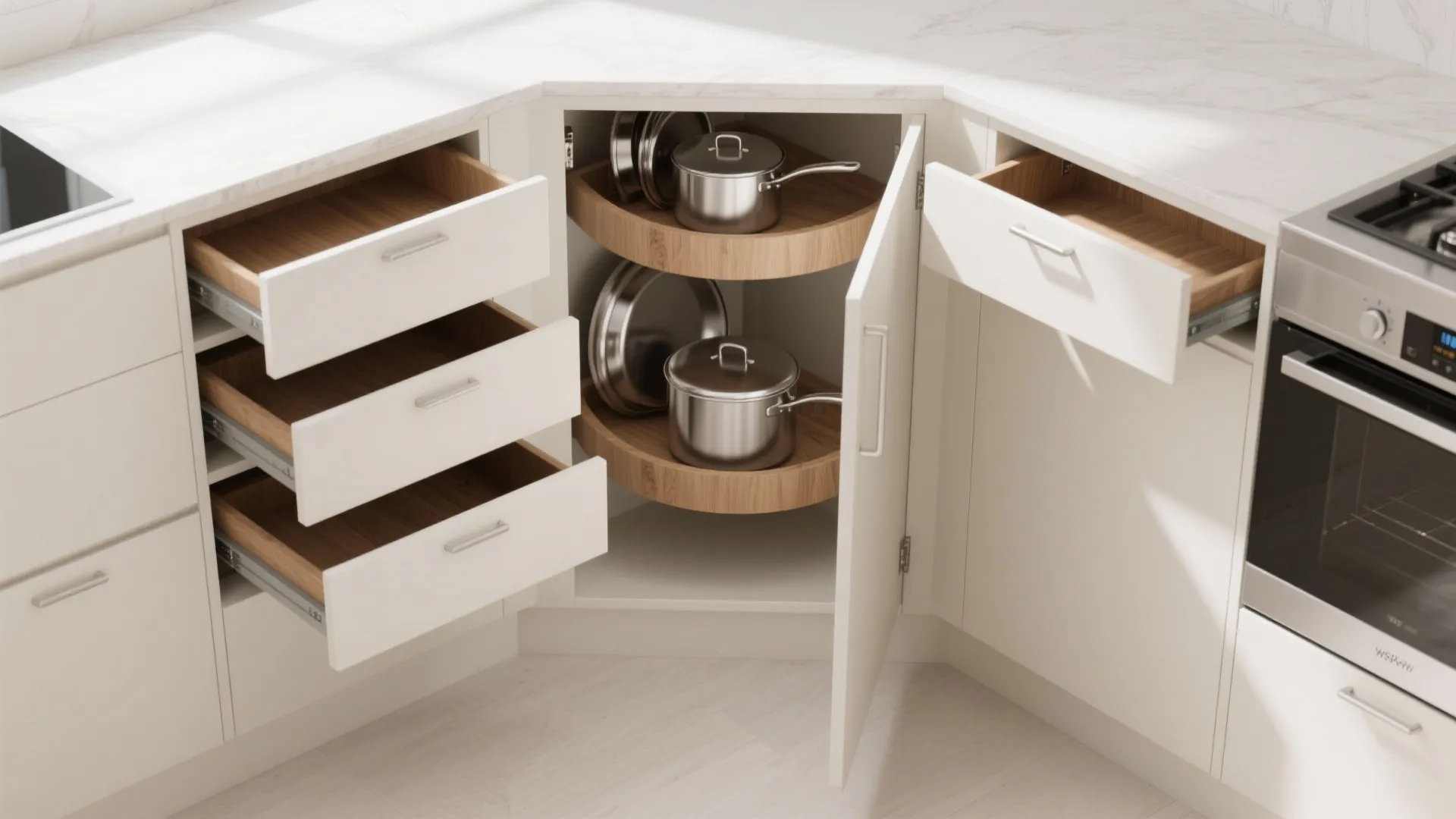 3) Tame the Corner: Drawers, LeMans, or Diagonal Cabinets