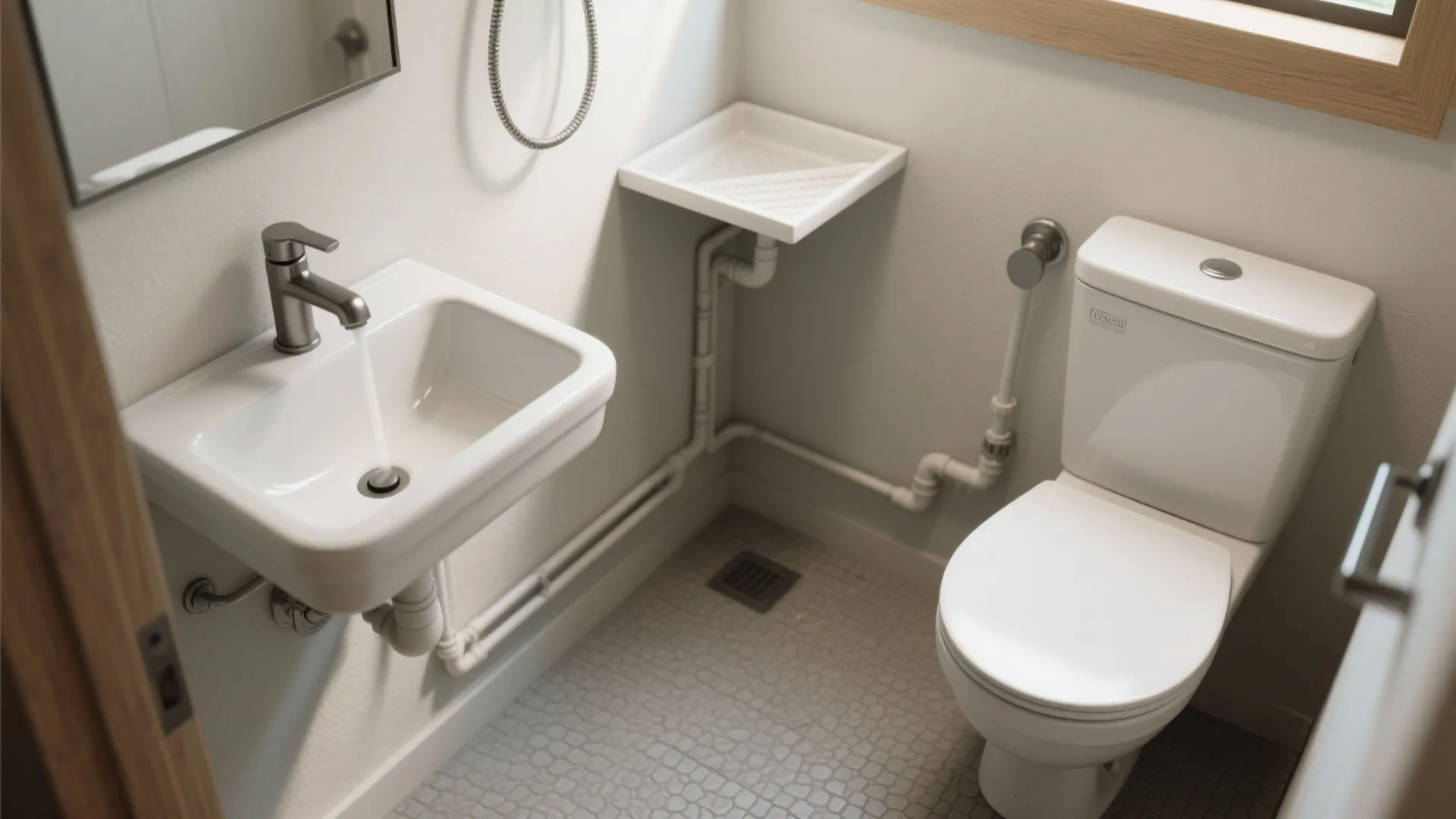 Corner-mounted sink and triangle shower tray in a compact ADU bathroom maximizing floor space.